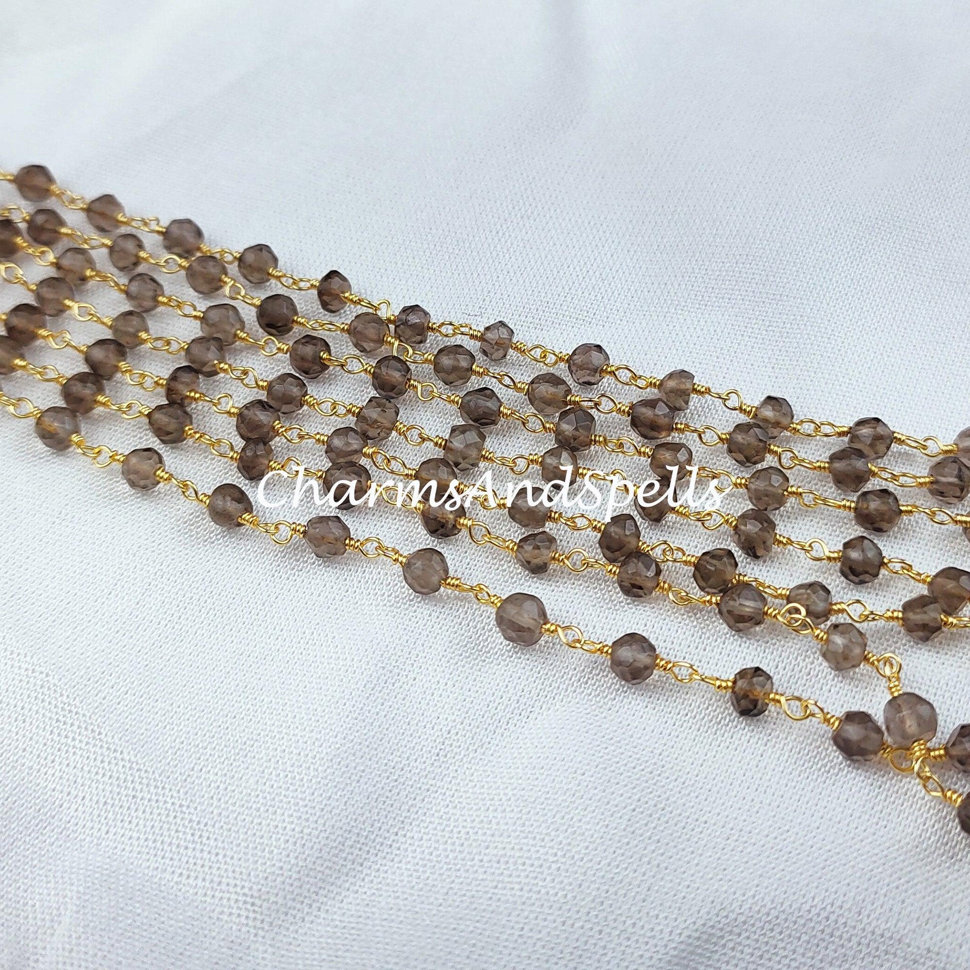 1 Feet Chain, Faceted Smoky Quartz Rosary Chain, Rondelle Beads Chain, Gold Plated Chain, DIY Jewelry Making Supply, 3.5-4mm Bead Size - Charms And Spells