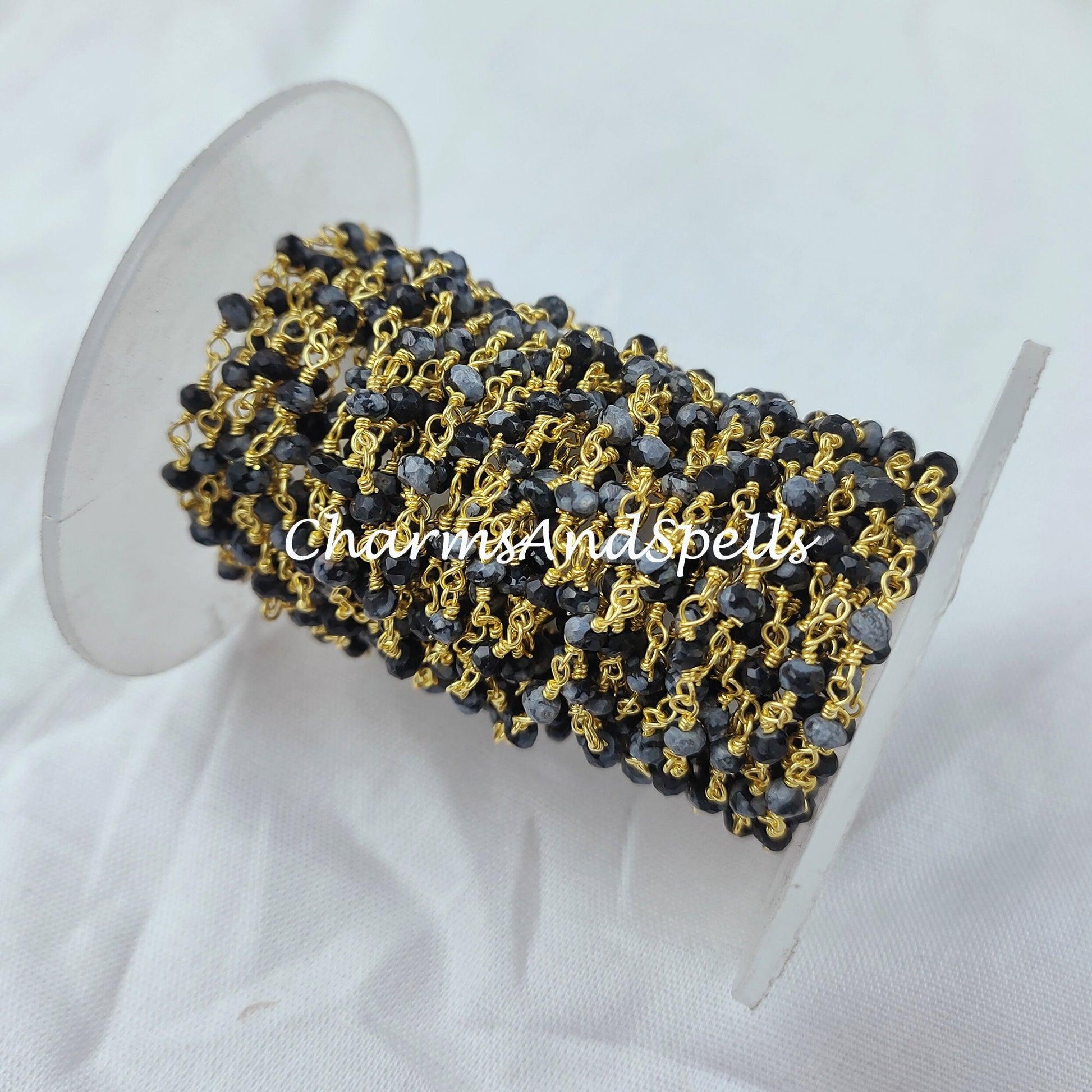 1 Feet Chain, Genuine Snow Flack Obsidian Rosary Chain, 14K Gold Plated Wire Wrap Chain, Rondelle Rosary, Rosary Chain For Making Jewelry - Charms And Spells