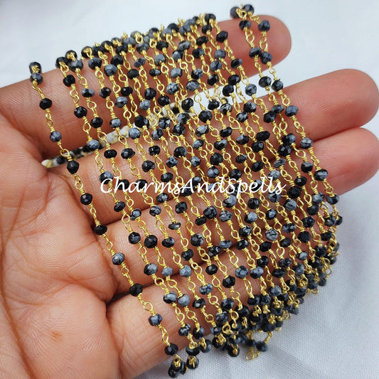 1 Feet Chain, Genuine Snow Flack Obsidian Rosary Chain, 14K Gold Plated Wire Wrap Chain, Rondelle Rosary, Rosary Chain For Making Jewelry - Charms And Spells