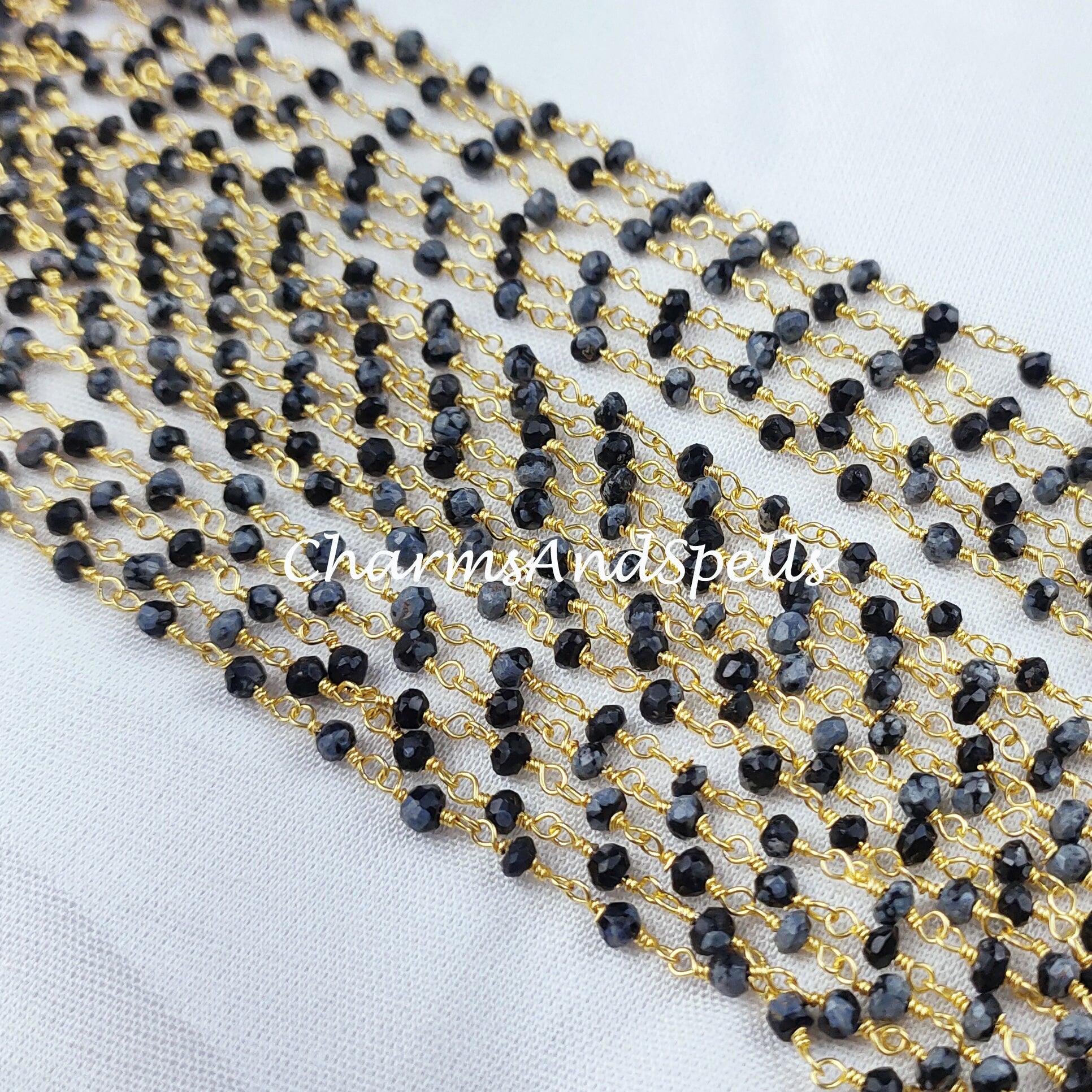 1 Feet Chain, Genuine Snow Flack Obsidian Rosary Chain, 14K Gold Plated Wire Wrap Chain, Rondelle Rosary, Rosary Chain For Making Jewelry - Charms And Spells