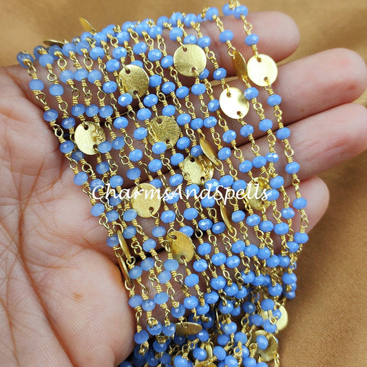 1 Feet Chain, Chalcedony Hydro Chains, Gold Plated Rosary Chain, Blue Gemstone Beaded Chain, Rondelle Beads Chain, DIY Rosary Chain, Jewelry Making - Charms And Spells