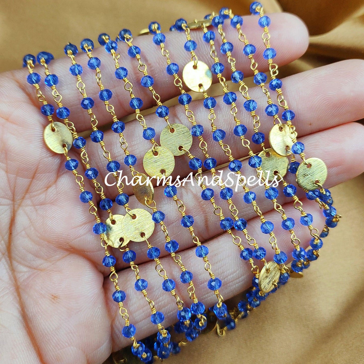 1 Feet Chain, Blue Topaz Rosary Chain, Beads Chain, Body Chain, Jewelry Making Chain, Women Chain, Necklace Chain, 14K Gold Plated Rosary Chain - Charms And Spells