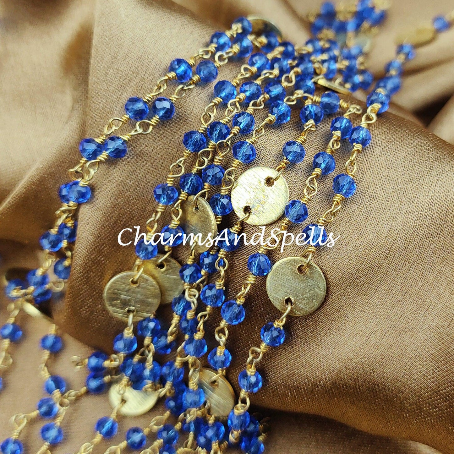 1 Feet Chain, Blue Topaz Rosary Chain, Beads Chain, Body Chain, Jewelry Making Chain, Women Chain, Necklace Chain, 14K Gold Plated Rosary Chain - Charms And Spells