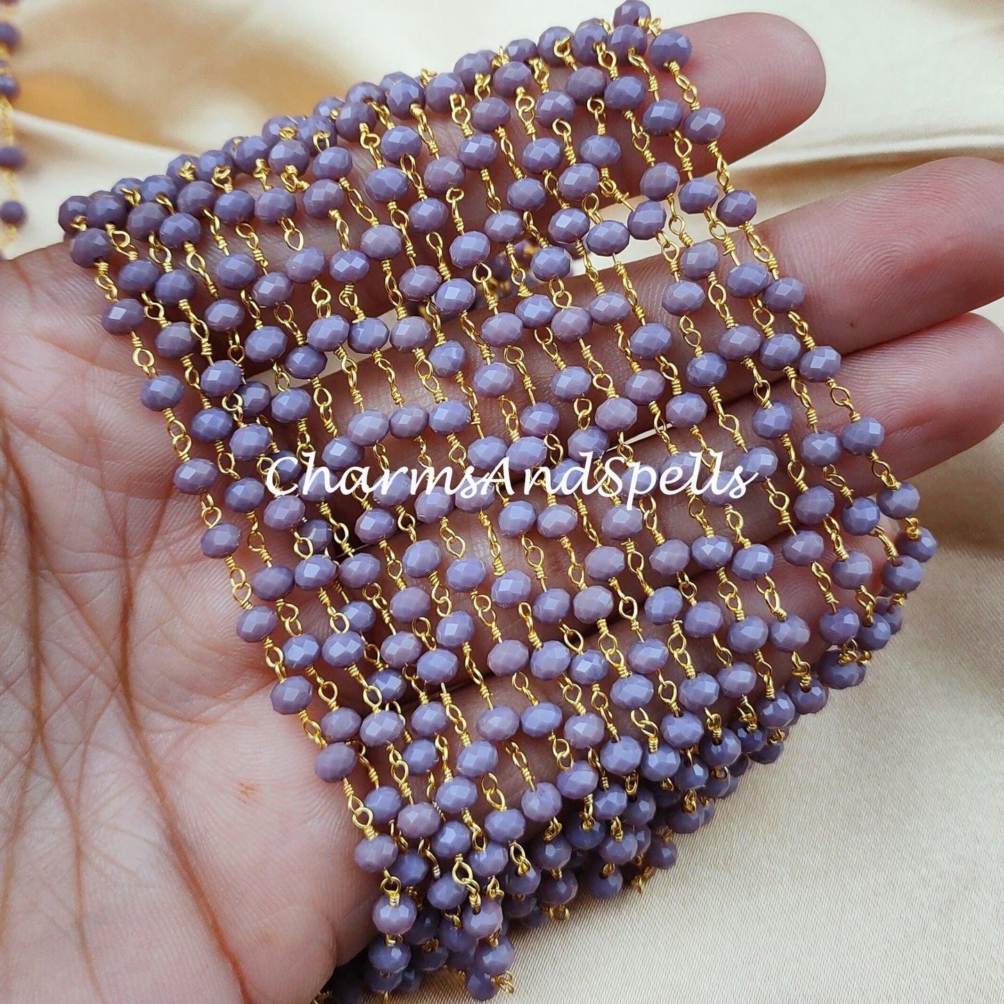 1 Feet Chain, Lavender Chalcedony Gemstone Rosary Chain, 4-4.5mm Beads Chain, 14K Gold Plated Wire Wrapped Beaded Chain, DIY Necklace Chain - Charms And Spells