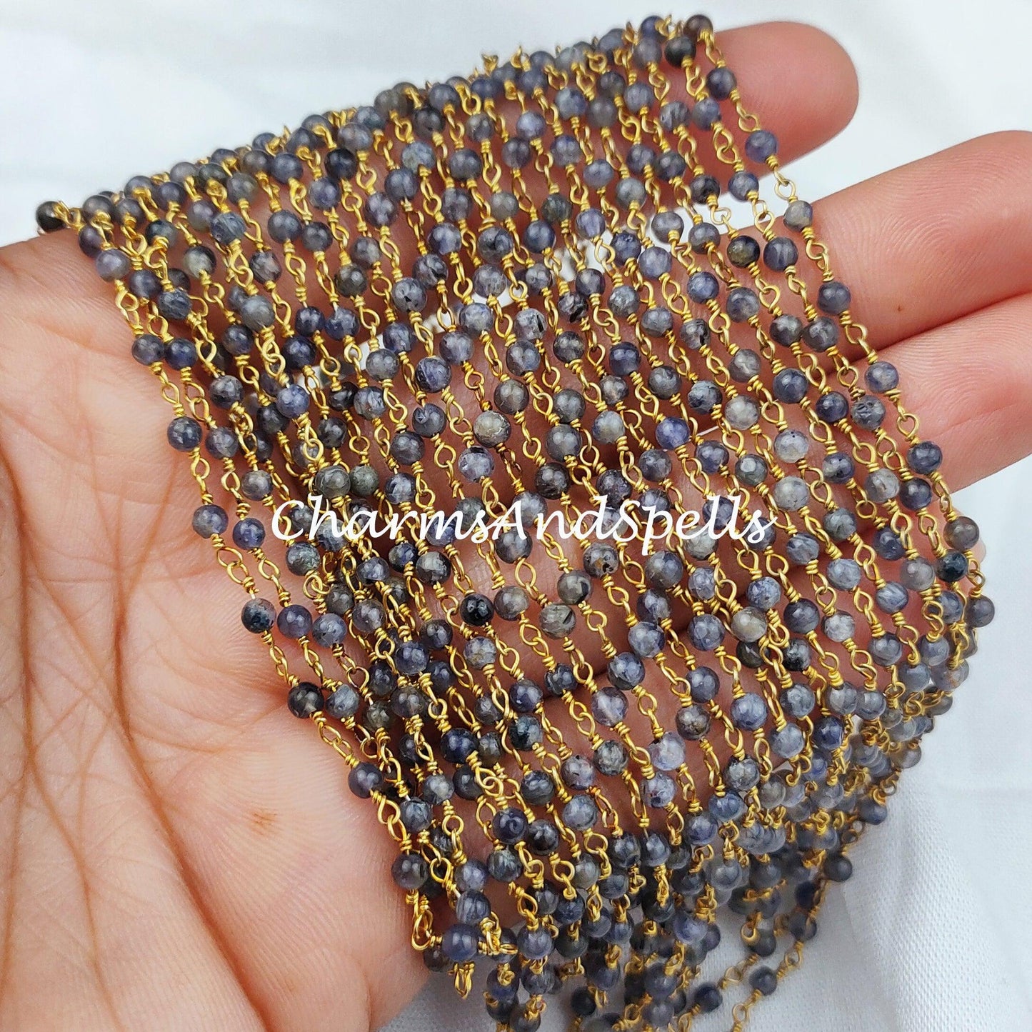 1 Feet Chain, Natural Blue Iolite Bead Chain, Wire Wrapped Chain, Rosary Chain Semi Precious, DIY Jewelry Making Chain, Necklace Chain - Charms And Spells