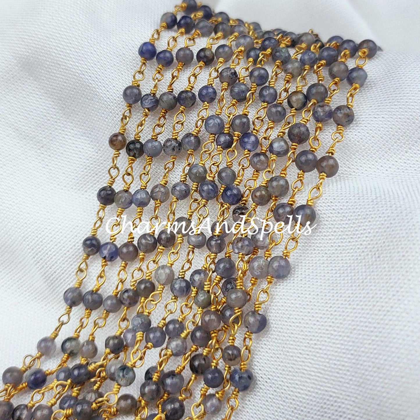 1 Feet Chain, Natural Blue Iolite Bead Chain, Wire Wrapped Chain, Rosary Chain Semi Precious, DIY Jewelry Making Chain, Necklace Chain - Charms And Spells