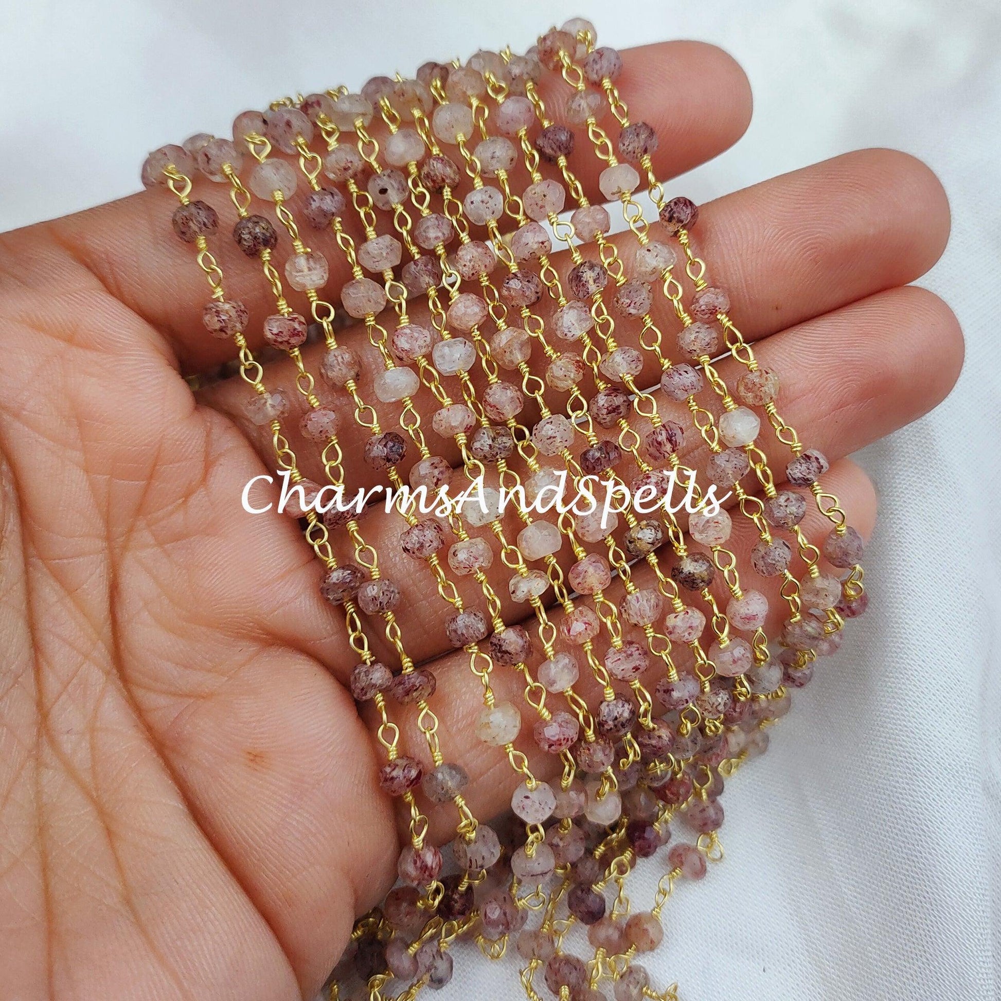 1 Feet Chain, Natural Strawberry Quartz Bead Chain, Wire Wrapped Quartz Beaded Chain, Semi Precious Gemstone, Quartz Chain, DIY Chain For Necklace - Charms And Spells