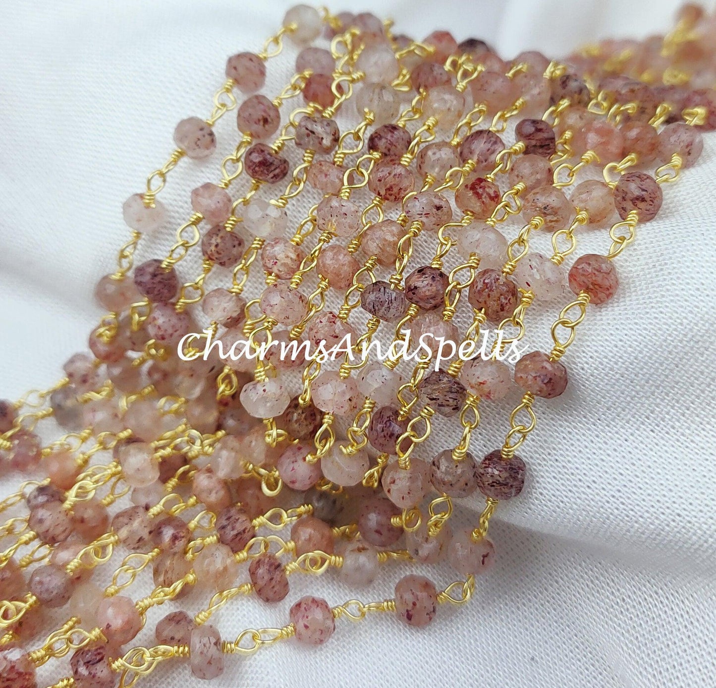 1 Feet Chain, Natural Strawberry Quartz Bead Chain, Wire Wrapped Quartz Beaded Chain, Semi Precious Gemstone, Quartz Chain, DIY Chain For Necklace - Charms And Spells