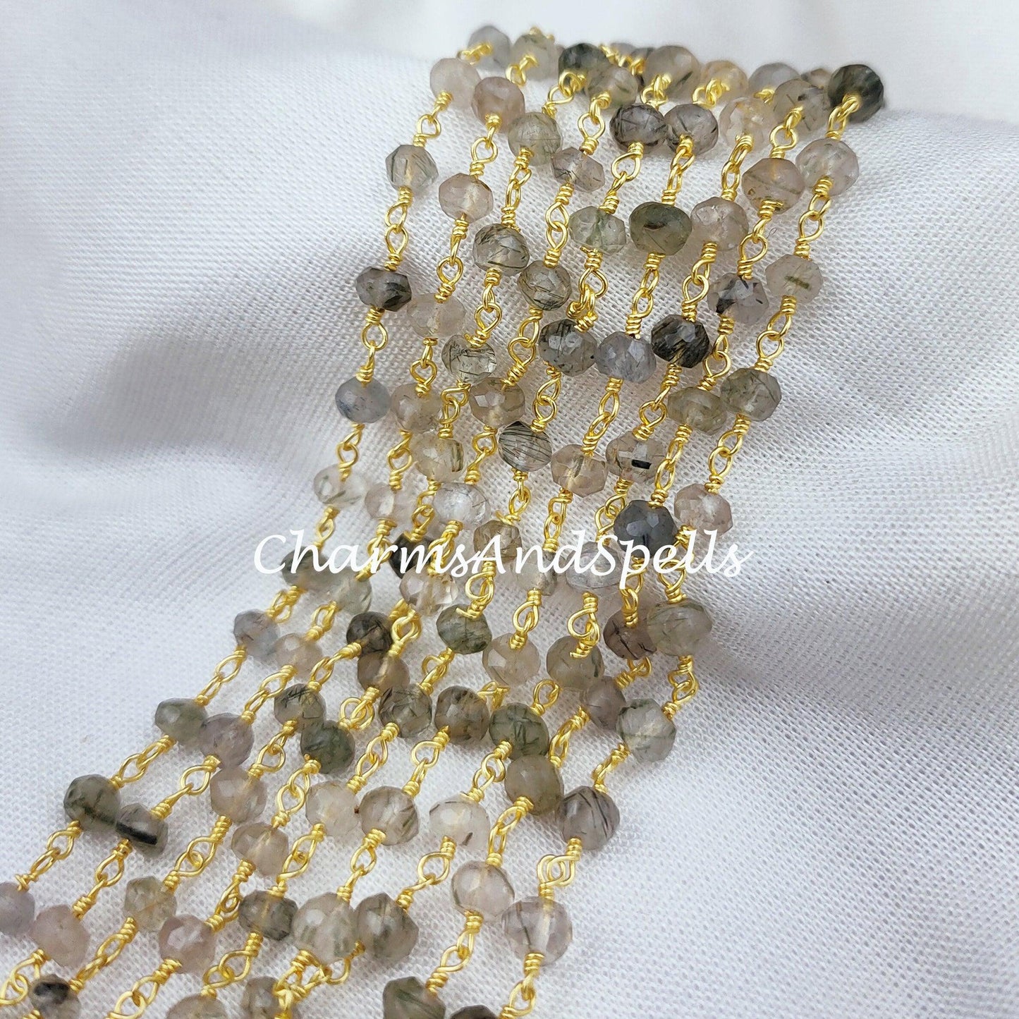 1 Feet Chain, Black Rutile Gemstone Rosary Chain, 4-4.5mm Beads Chain, 14K Gold Plated Wire Wrapped Beaded Chain, DIY Necklace Chain, Gift For Her - Charms And Spells