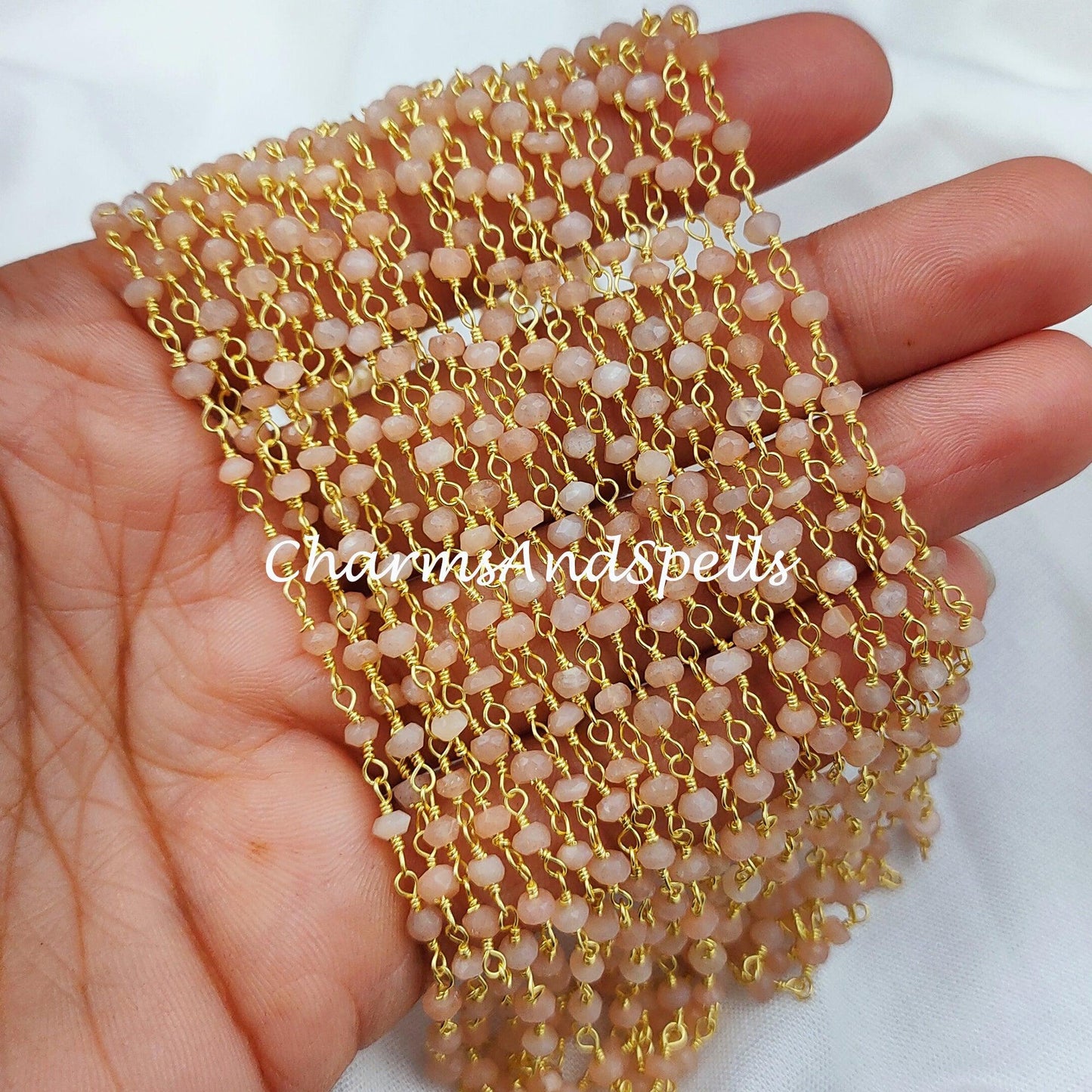 1 Feet Chain, Natural Peach Moonstone Wire Wrapped Rosary Chain, Gold Plated Rosary Chain, Link Rosary Chain, DIY Chain For Jewelry Making - Charms And Spells