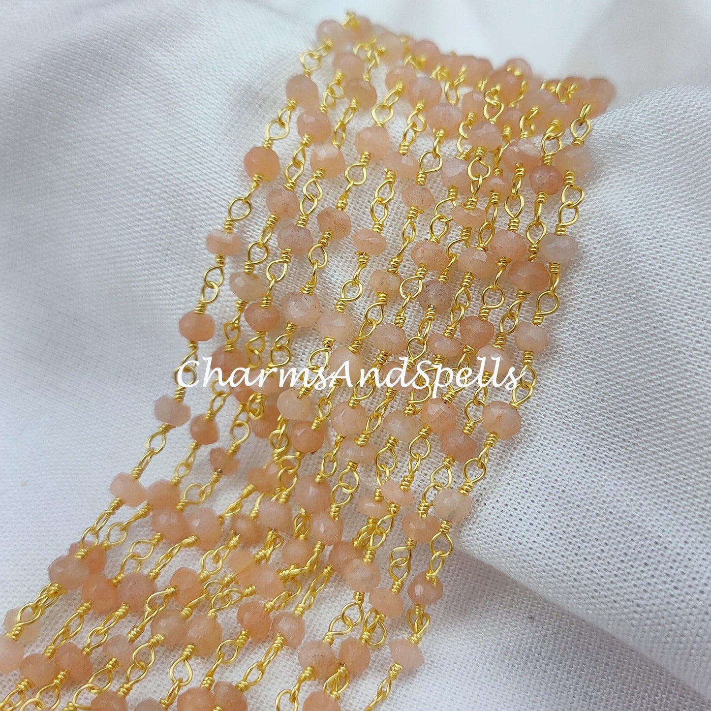 1 Feet Chain, Natural Peach Moonstone Wire Wrapped Rosary Chain, Gold Plated Rosary Chain, Link Rosary Chain, DIY Chain For Jewelry Making - Charms And Spells