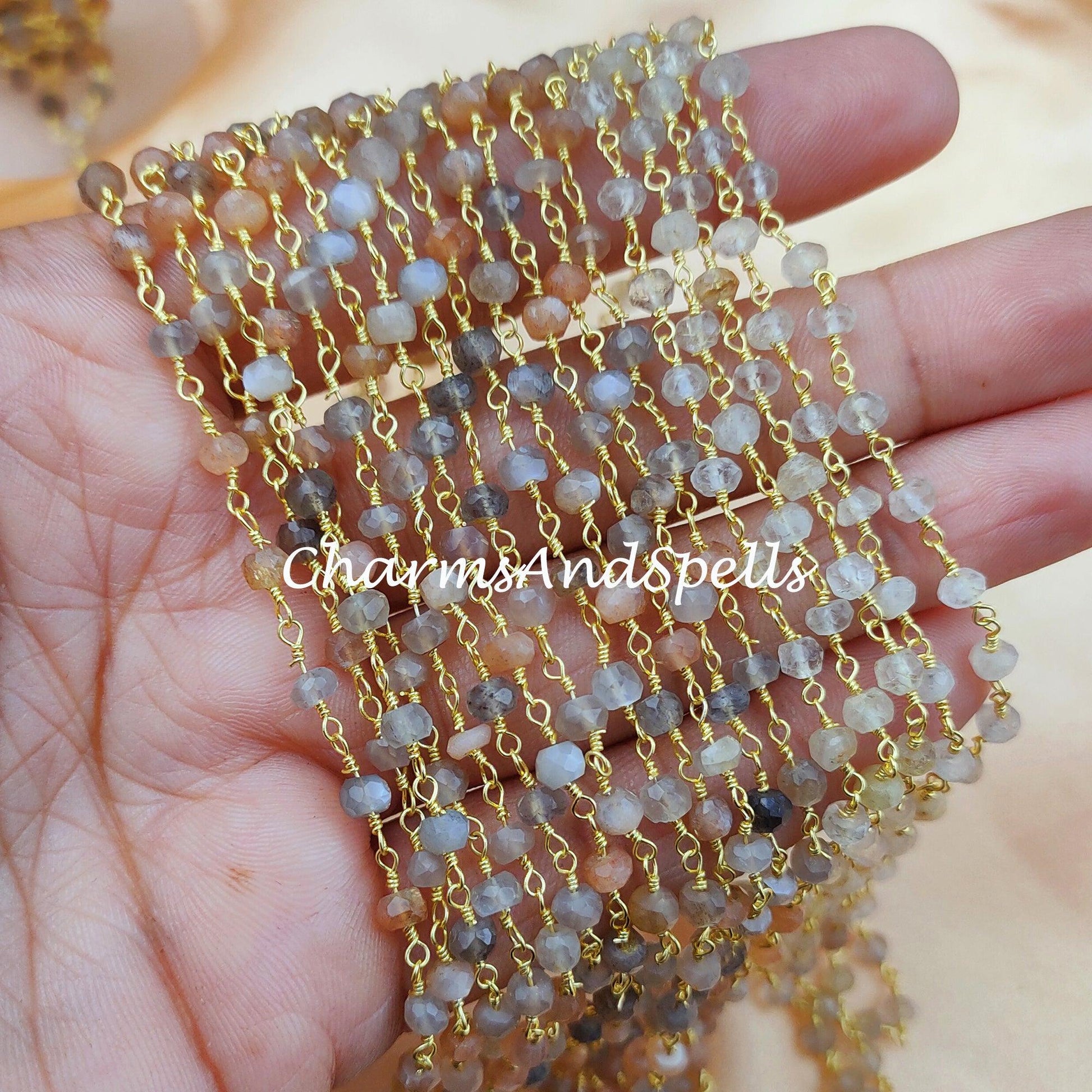 1 Feet Chain, Natural Multi Moonstone Wire Wrapped Rosary Chain, Gold Plated Rosary Chain, Link Rosary Chain, Gemstone Chain, DIY Chain For Jewelry - Charms And Spells