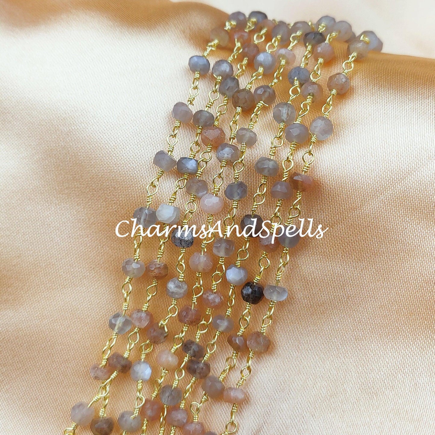 1 Feet Chain, Natural Multi Moonstone Wire Wrapped Rosary Chain, Gold Plated Rosary Chain, Link Rosary Chain, Gemstone Chain, DIY Chain For Jewelry - Charms And Spells