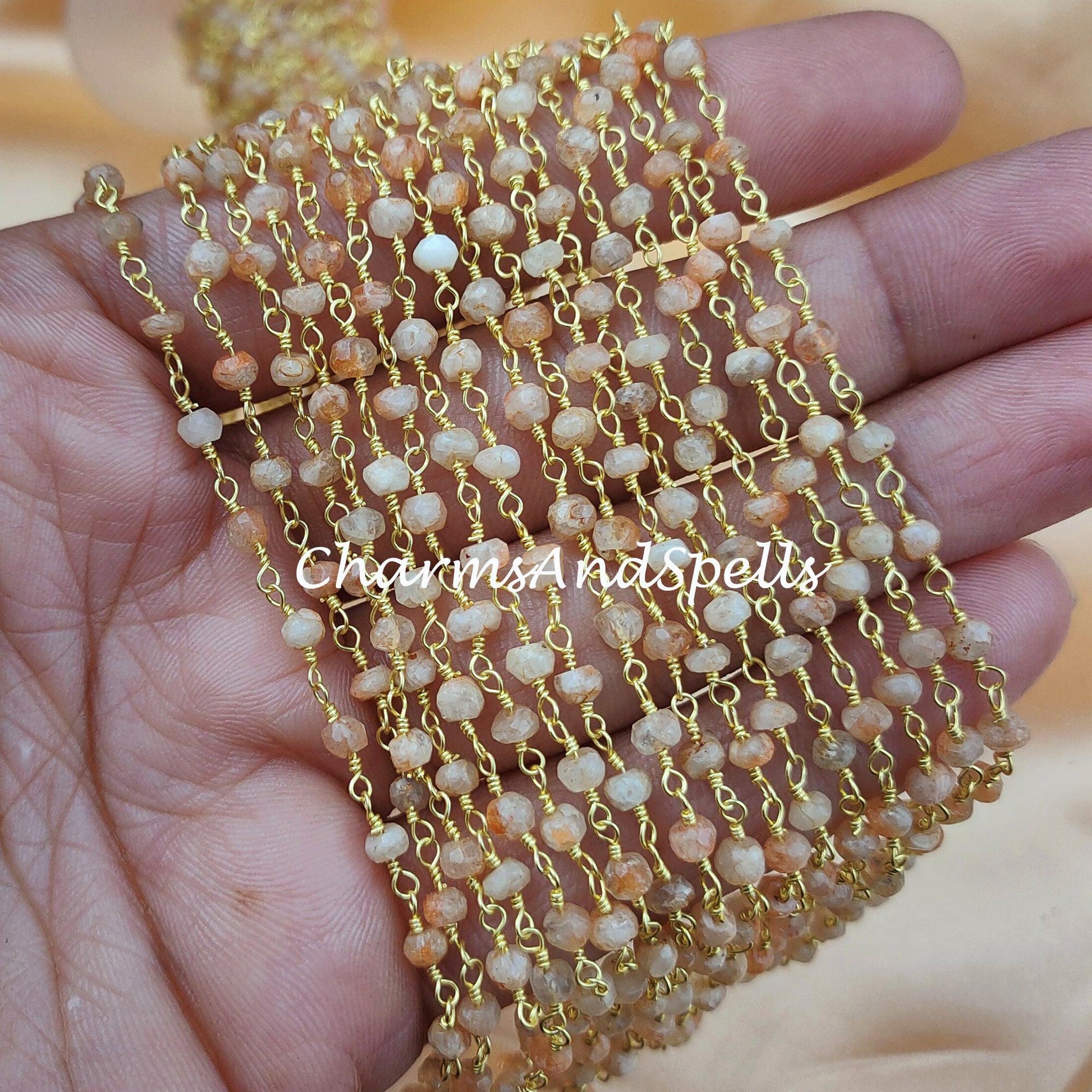 1 Feet Chain, Natural Sunstone Rosary Chain, Beads Chain, Body Chain, Jewelry Making Chain, Women Chain, Necklace Chain, Gold Plated Rosary Chain - Charms And Spells