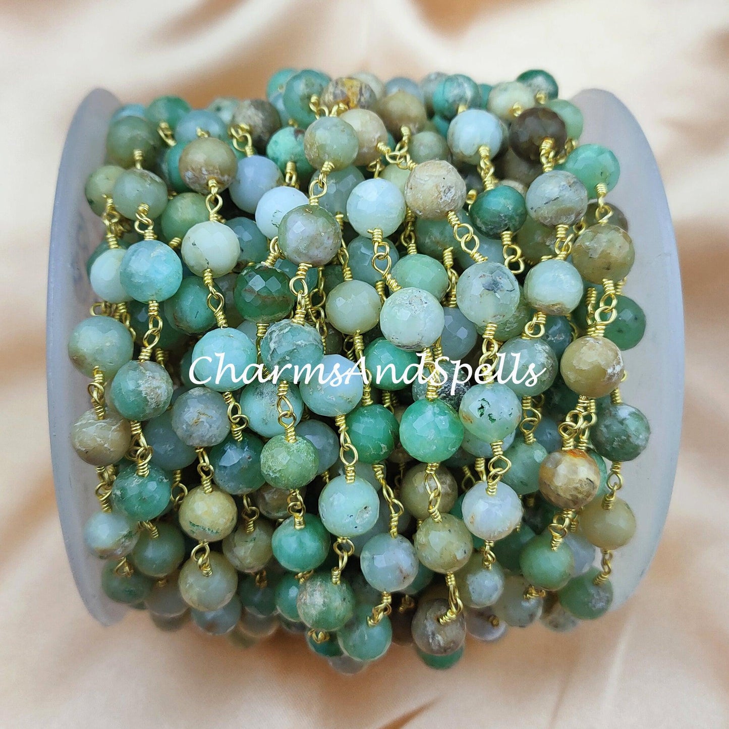 1 Feet Chain, Faceted Natural Chrysoprase Wire Wrapped Beaded Chain, 7.5-8mm Beaded, Labradorite Wire Wrapped Rosary Chain, wholesale - Charms And Spells