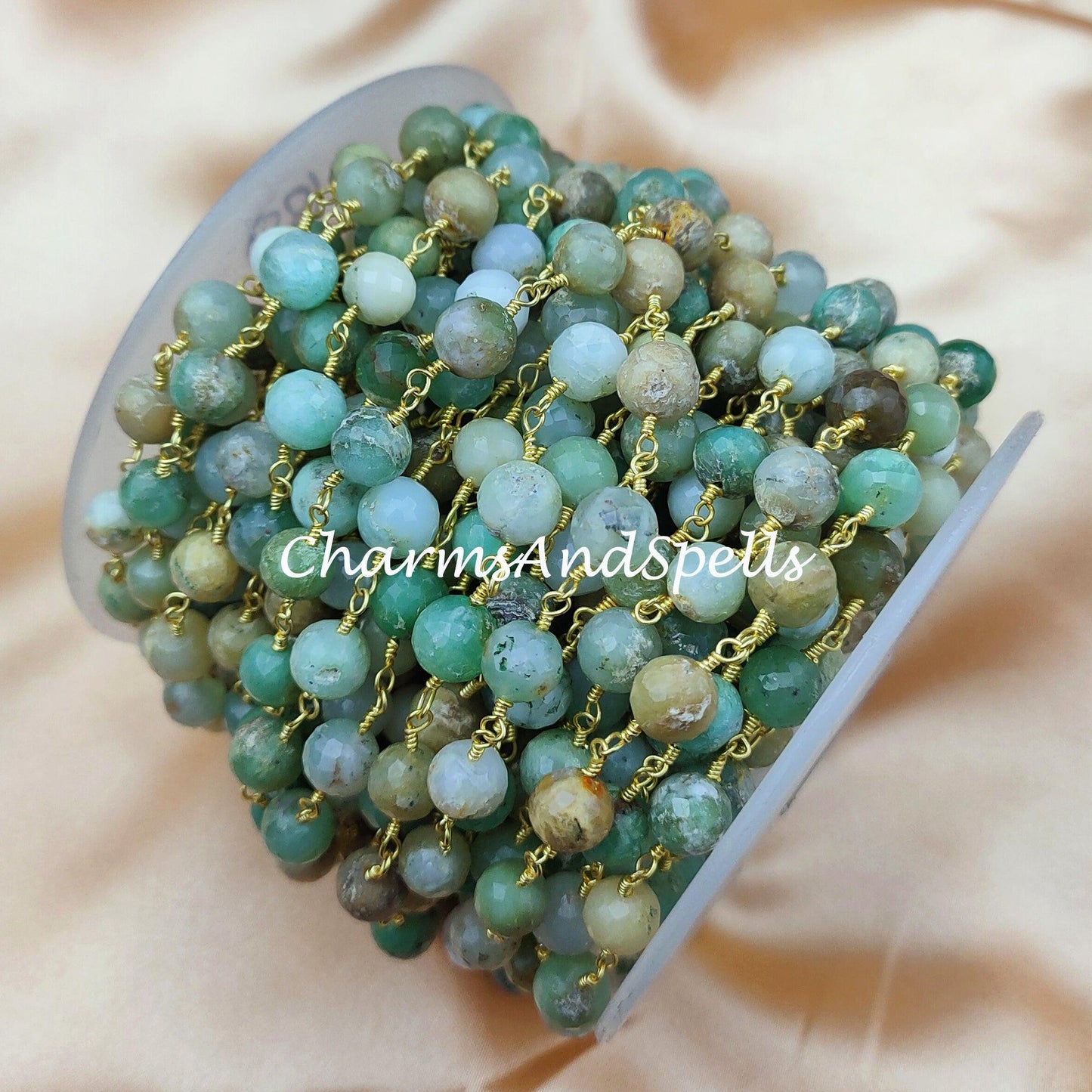 1 Feet Chain, Faceted Natural Chrysoprase Wire Wrapped Beaded Chain, 7.5-8mm Beaded, Labradorite Wire Wrapped Rosary Chain, wholesale - Charms And Spells