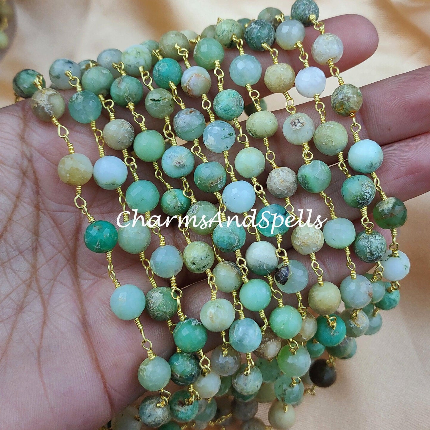 1 Feet Chain, Faceted Natural Chrysoprase Wire Wrapped Beaded Chain, 7.5-8mm Beaded, Labradorite Wire Wrapped Rosary Chain, wholesale - Charms And Spells