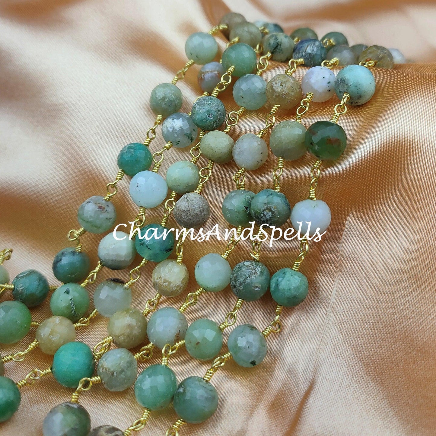 1 Feet Chain, Faceted Natural Chrysoprase Wire Wrapped Beaded Chain, 7.5-8mm Beaded, Labradorite Wire Wrapped Rosary Chain, wholesale - Charms And Spells