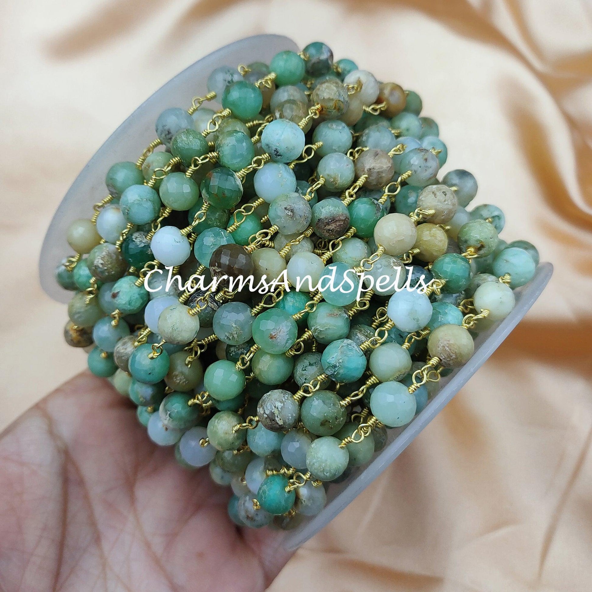 1 Feet Chain, Faceted Natural Chrysoprase Wire Wrapped Beaded Chain, 7.5-8mm Beaded, Labradorite Wire Wrapped Rosary Chain, wholesale - Charms And Spells