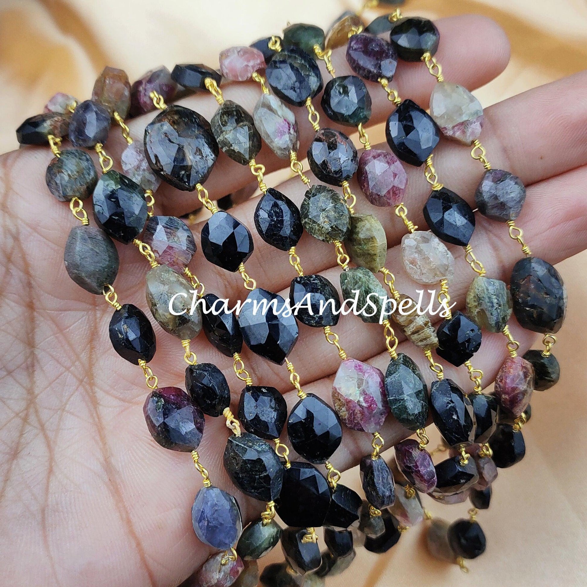 1 Feet Chain, Natural Multi Tourmaline Wire Wrapped Beaded Chain, 7.5x9-11.5-14mm Beads Chain, DIY Tourmaline Wire Wrapped Rosary Chain - Charms And Spells