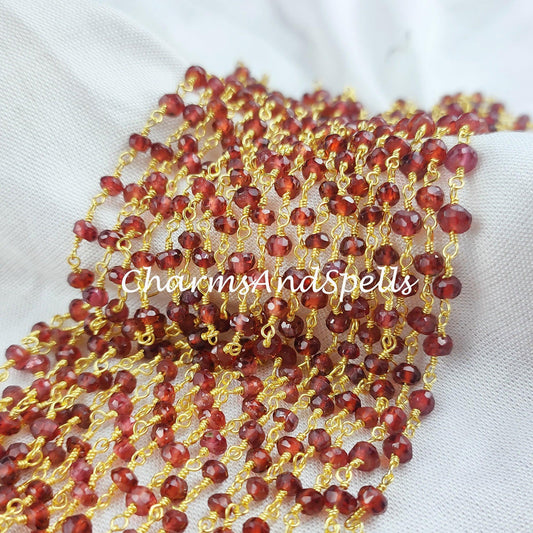 1 Feet Chain, 50%OFF Garnet Rosary Chain, Rondelle Beads Chain, Gold Plated Chain, Red Gemstone Jewelry Making Supply, 3-3.5mm Bead Size - Charms And Spells