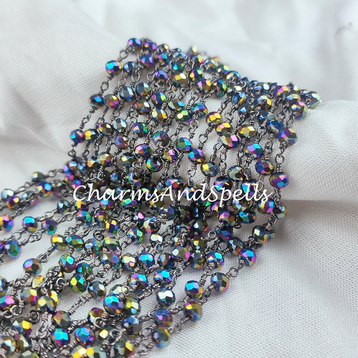 1,2,5,10,25 Ft Mystic Pyrite Hydro Faceted Rondelle Beaded Rosary Chain, Black Plated Wire, Jewelry Making Chain, Wire Wrapped Chain 4-4.5mm - Charms And Spells