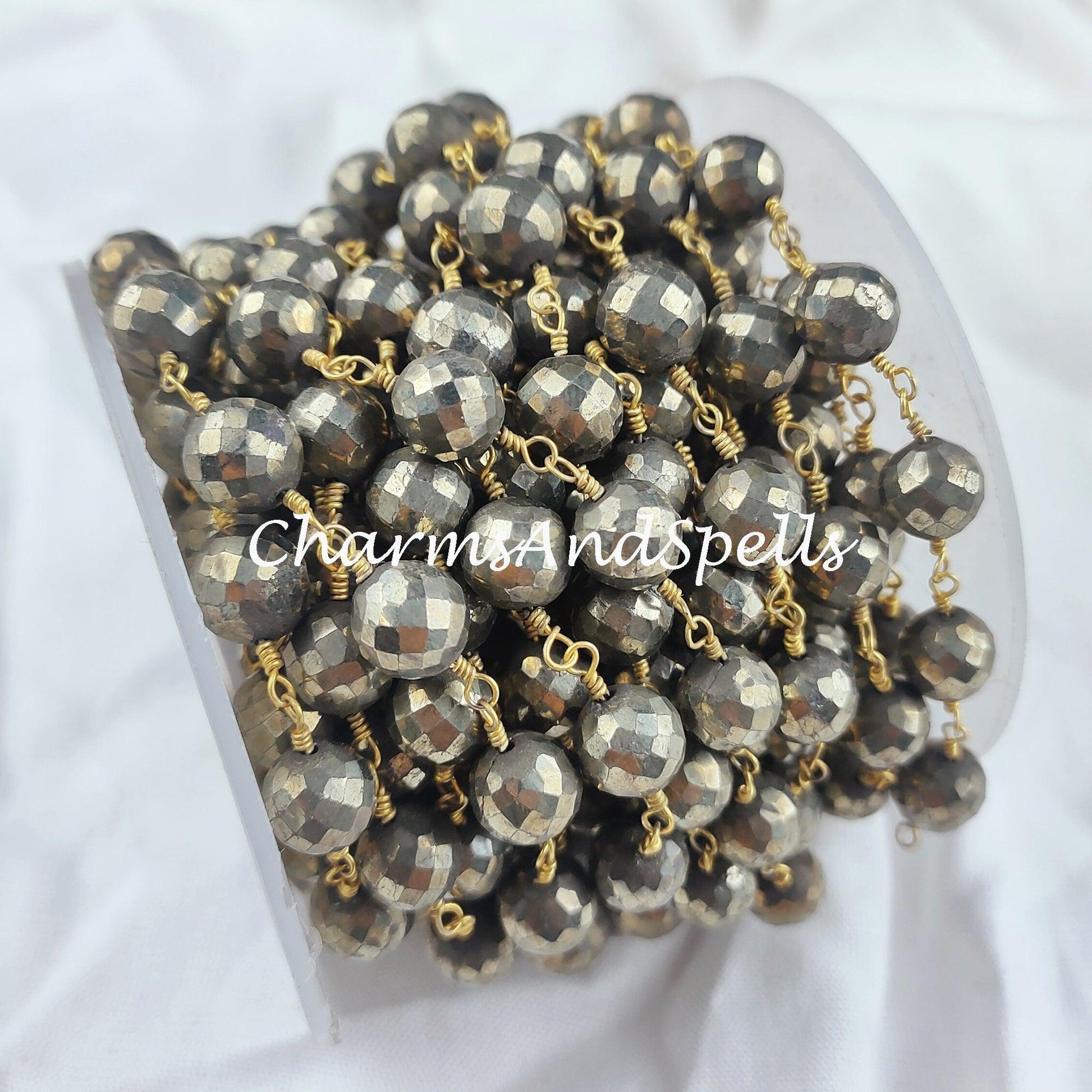 1 Feet Chain, Pyrite Rosary Chain, Religious Chain for Fashion Jewelry, 7.5-8mm Faceted Pyrite Rosary Chain, Gold Plated Rosary Chain - Charms And Spells