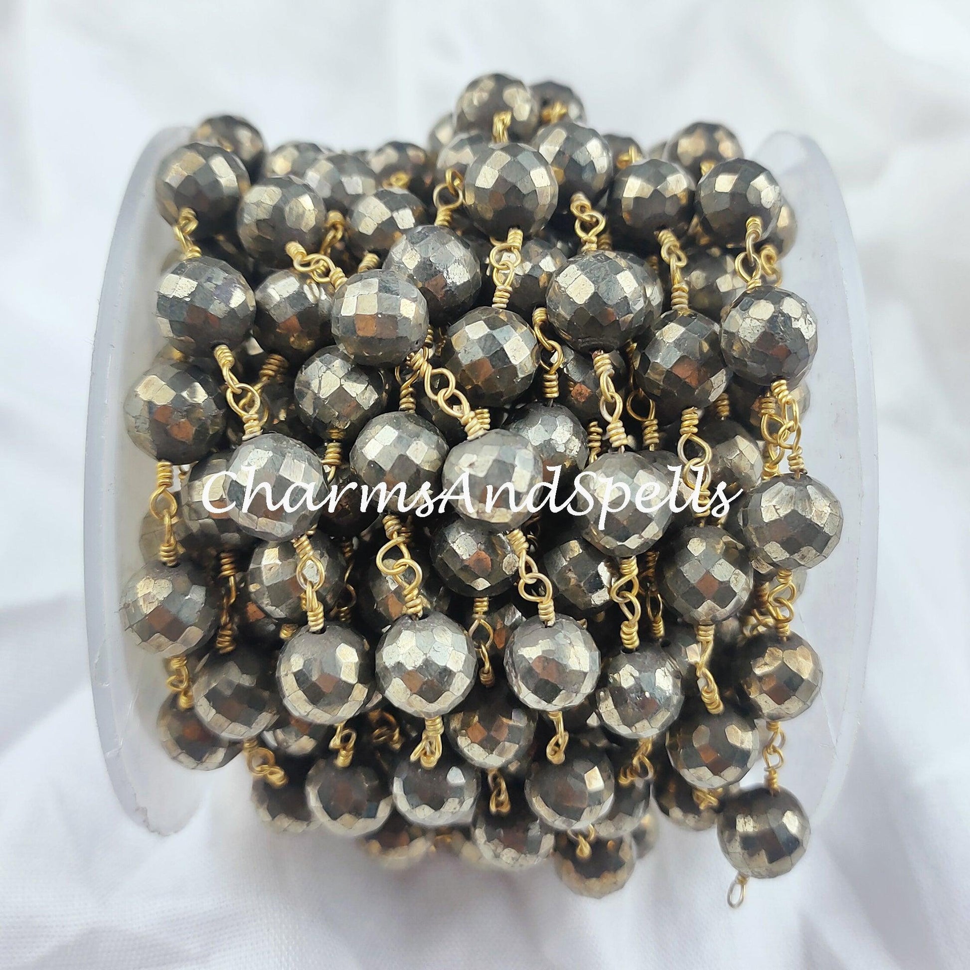 1 Feet Chain, Pyrite Rosary Chain, Religious Chain for Fashion Jewelry, 7.5-8mm Faceted Pyrite Rosary Chain, Gold Plated Rosary Chain - Charms And Spells