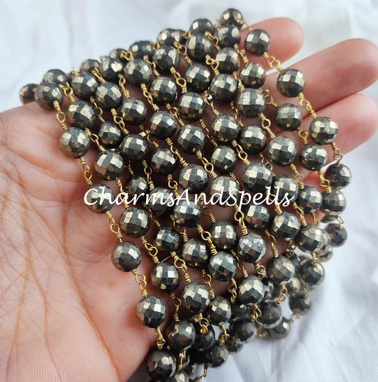 1 Feet Chain, Pyrite Rosary Chain, Religious Chain for Fashion Jewelry, 7.5-8mm Faceted Pyrite Rosary Chain, Gold Plated Rosary Chain - Charms And Spells