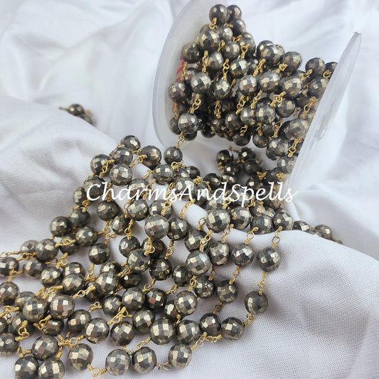 1 Feet Chain, Pyrite Rosary Chain, Religious Chain for Fashion Jewelry, 7.5-8mm Faceted Pyrite Rosary Chain, Gold Plated Rosary Chain - Charms And Spells