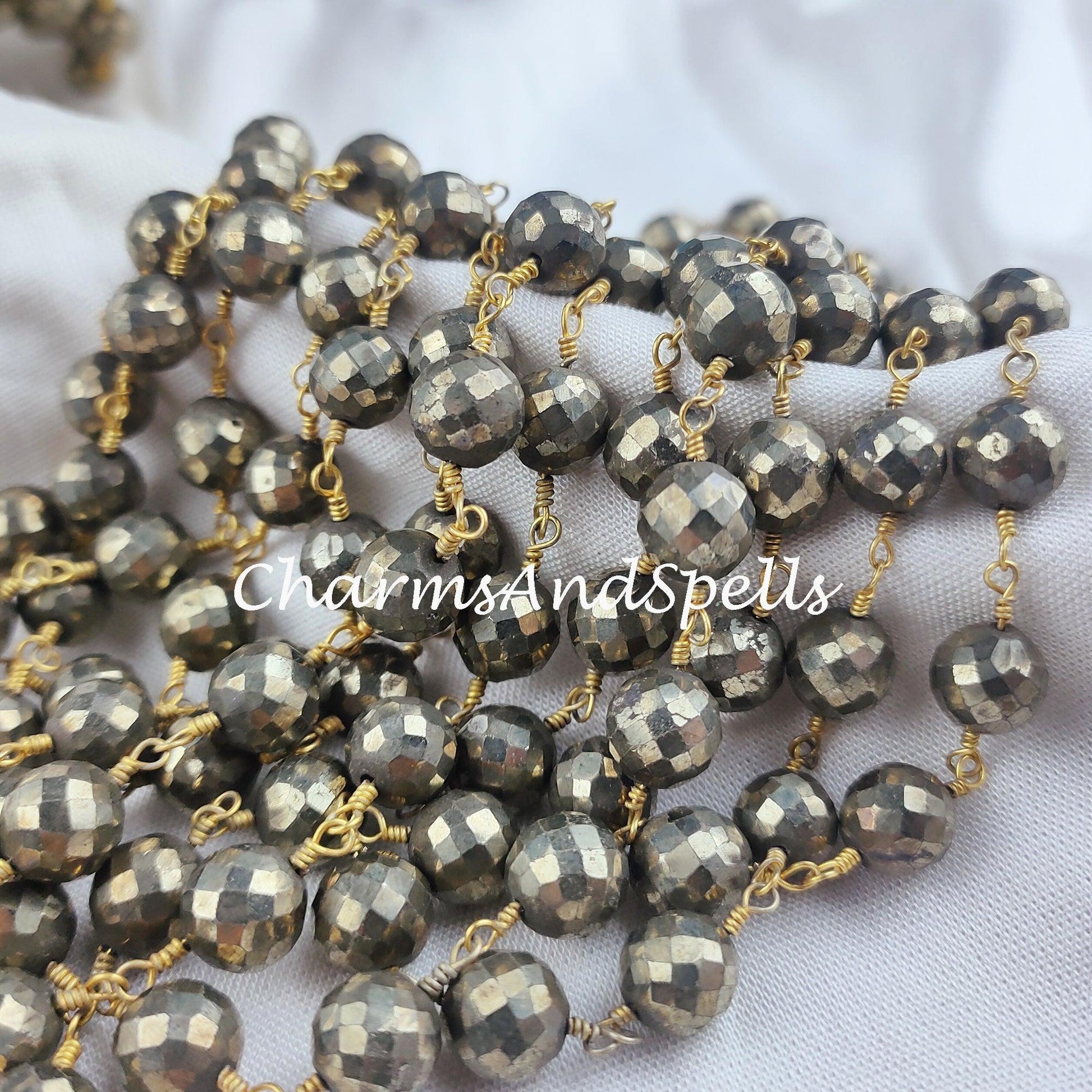 1 Feet Chain, Pyrite Rosary Chain, Religious Chain for Fashion Jewelry, 7.5-8mm Faceted Pyrite Rosary Chain, Gold Plated Rosary Chain - Charms And Spells