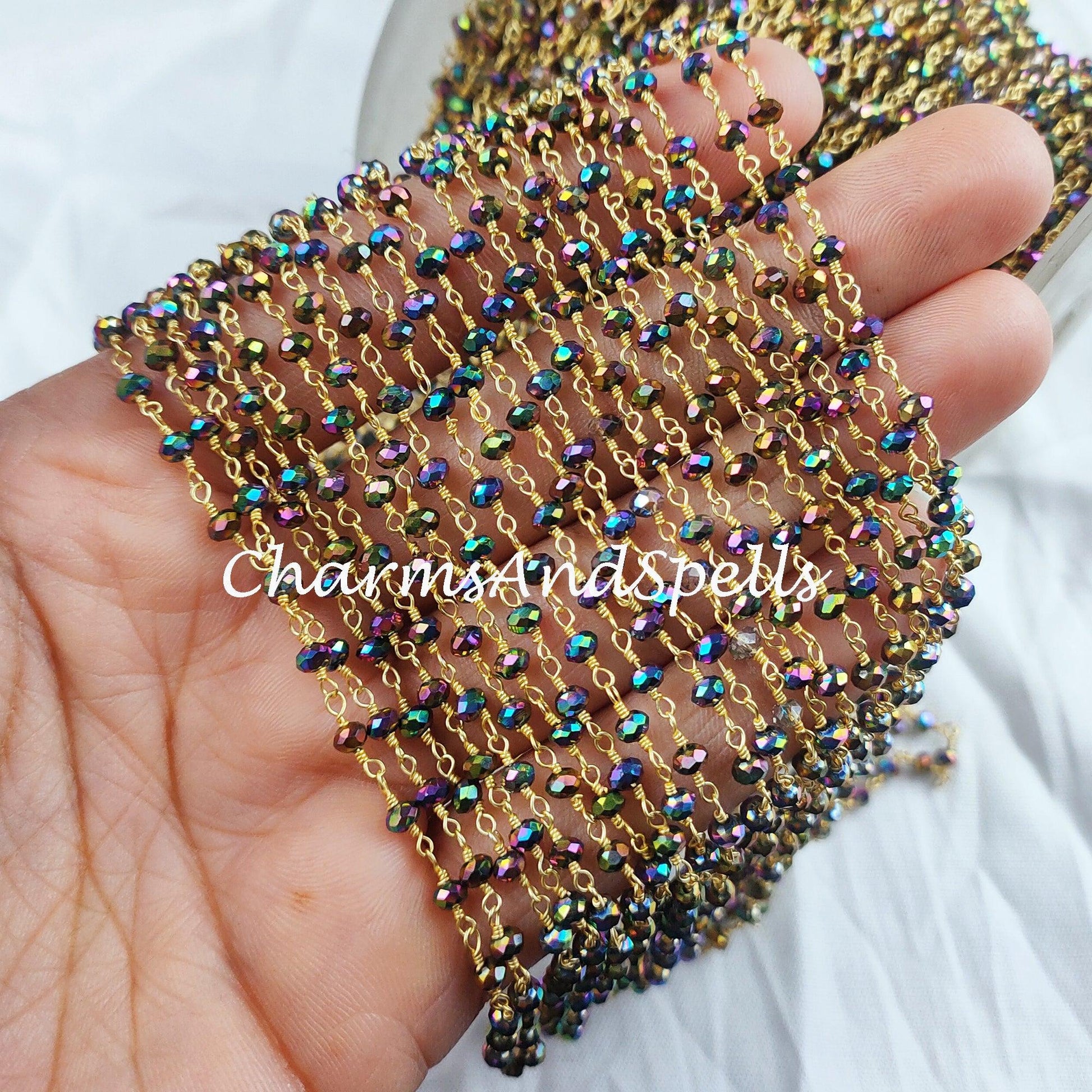 1 Feet Chain, Mystic Pyrite Hydro Rondelle Rosary Chain, Rondelle Gemstone Beads, Mystic Pyrite Hydro Bead Chain, Gold Plated Chain - Charms And Spells