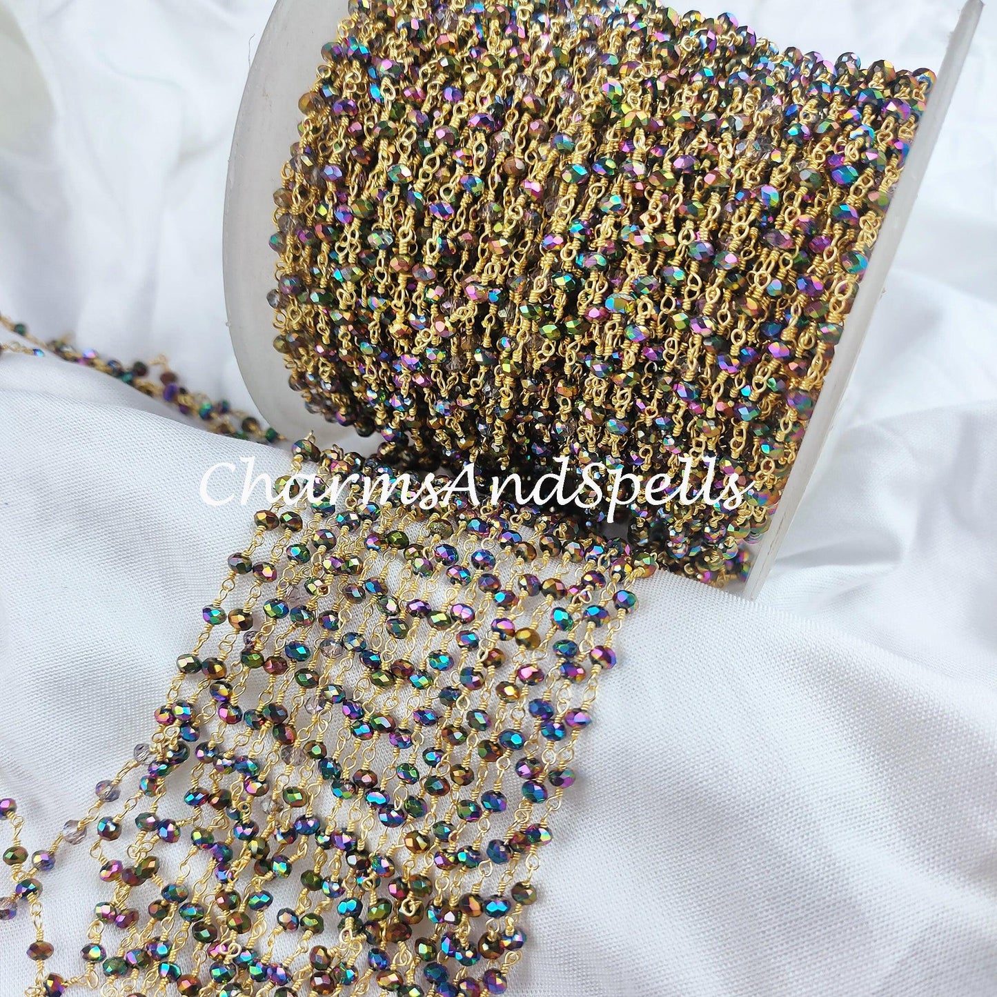 1 Feet Chain, Mystic Pyrite Hydro Rondelle Rosary Chain, Rondelle Gemstone Beads, Mystic Pyrite Hydro Bead Chain, Gold Plated Chain - Charms And Spells