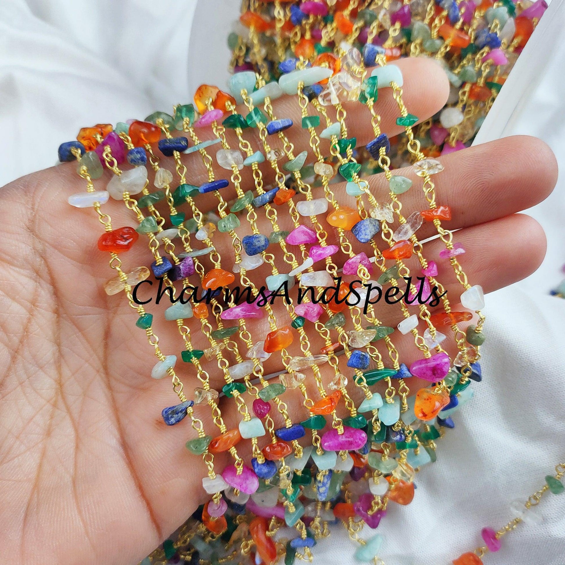 1 Feet Chain, Natural Multi Gemstone Uncut Chain, Beads Chain, Uncut Chain, Jewelry Making Chain, Women Chain, Necklace Chain,14K Gold Plated Rosary Chain - Charms And Spells