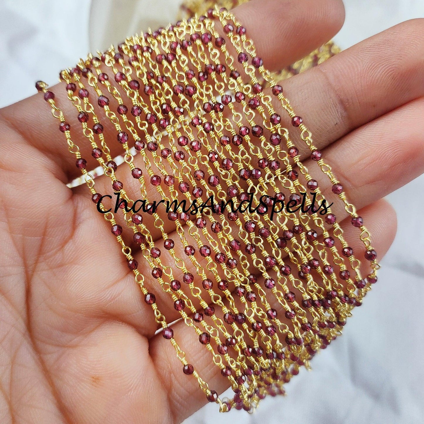 1 Feet Chain, Natural Garnet Chains, Gold Plated Rosary Chain, Red Gemstone Beaded Chain, Rondelle Beads Chain, DIY Rosary Chain, Jewelry Making - Charms And Spells