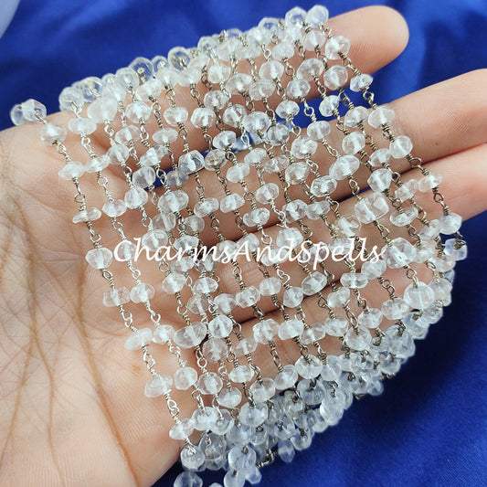 1 Feet Chain, Natural Clear Crystal Wire Wrapped Beaded Chain, Silver Plated 4.5-6mm Beads Chain, DIY Crystal Wire Wrapped Rosary Chain - Charms And Spells