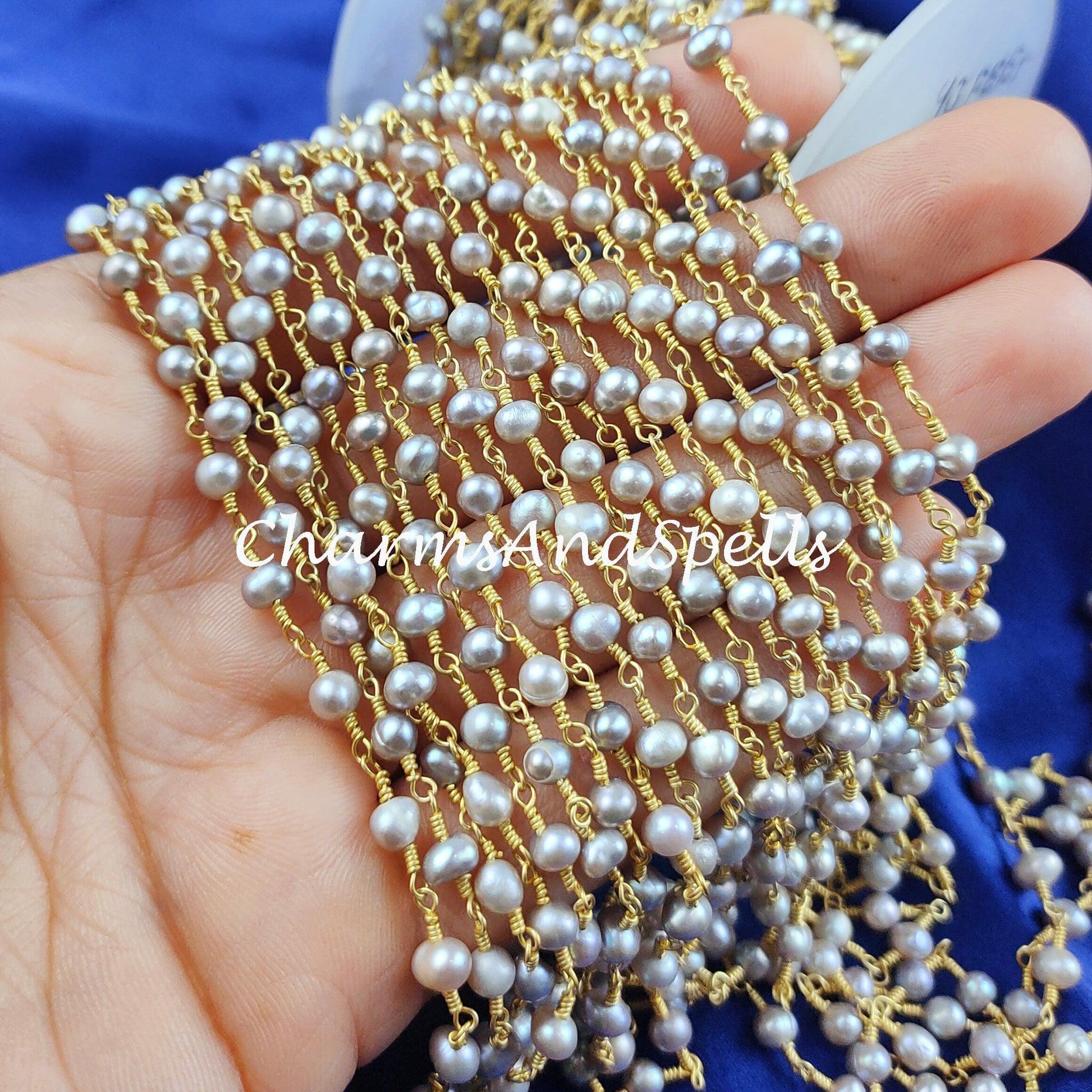 1 Feet Chain, Pearl Rosary Chain, 4-4.5mm Beads Chain, 14K Gold Plated Wire Wrapped Beaded Chain, DIY Necklace Chain, Gift For Her Chain - Charms And Spells