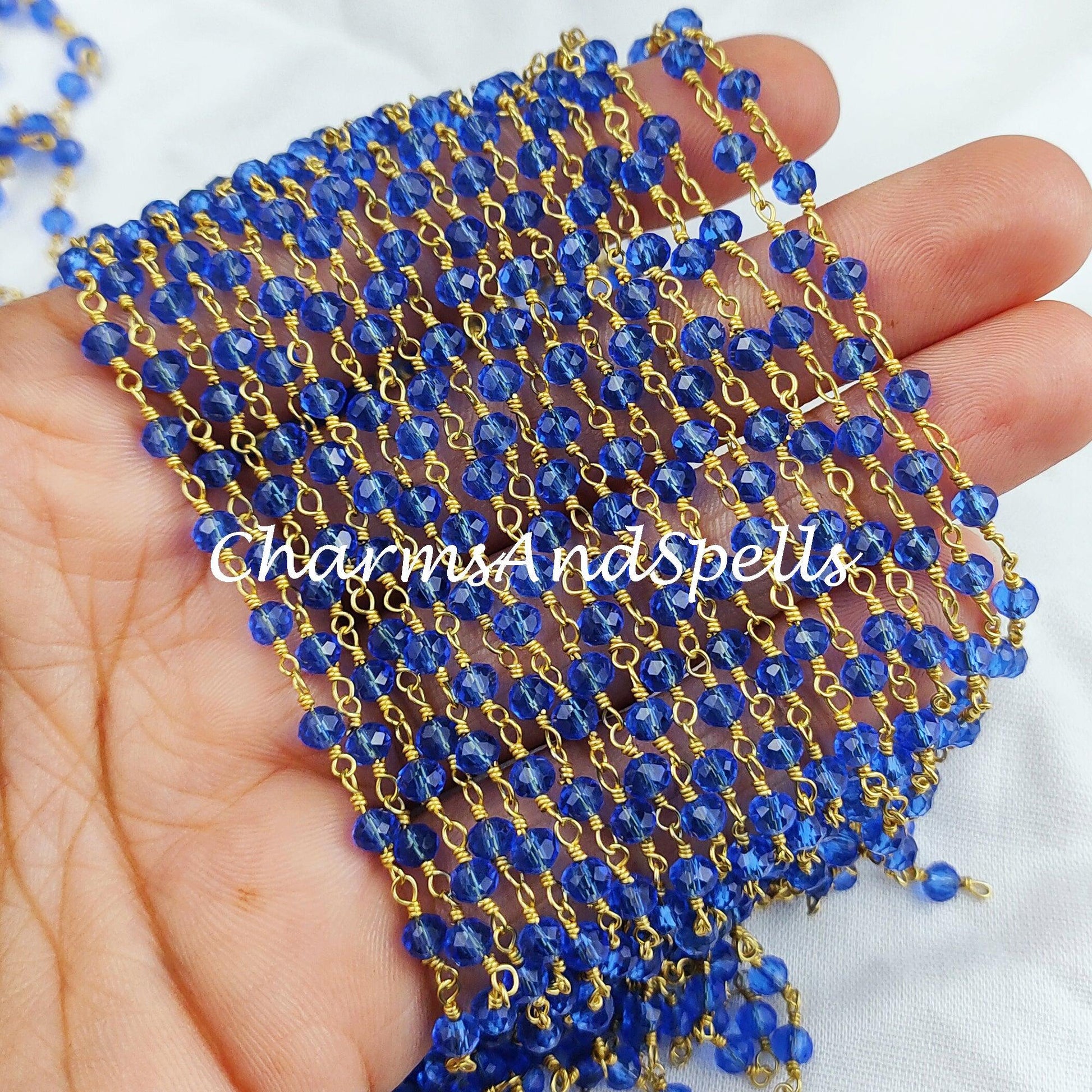 1 Feet Chain, Finished Tanzanite Beaded Chain, Wire Wrapped Beaded Chain, Rosary Bead Chain, Blue Chain , DIY Jewelry Making Chain - Charms And Spells