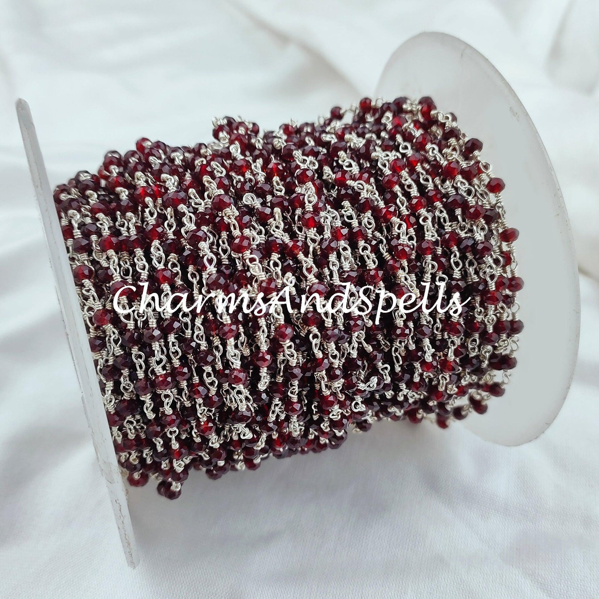 1 Feet Chain, Red Garnet Rosary Chain, Rondelle Beads Chain, 925 Silver Plated Chain, DIY Jewelry Making Supply, 3.5mm Bead Size,Red Garnet Bracelet Chain - Charms And Spells