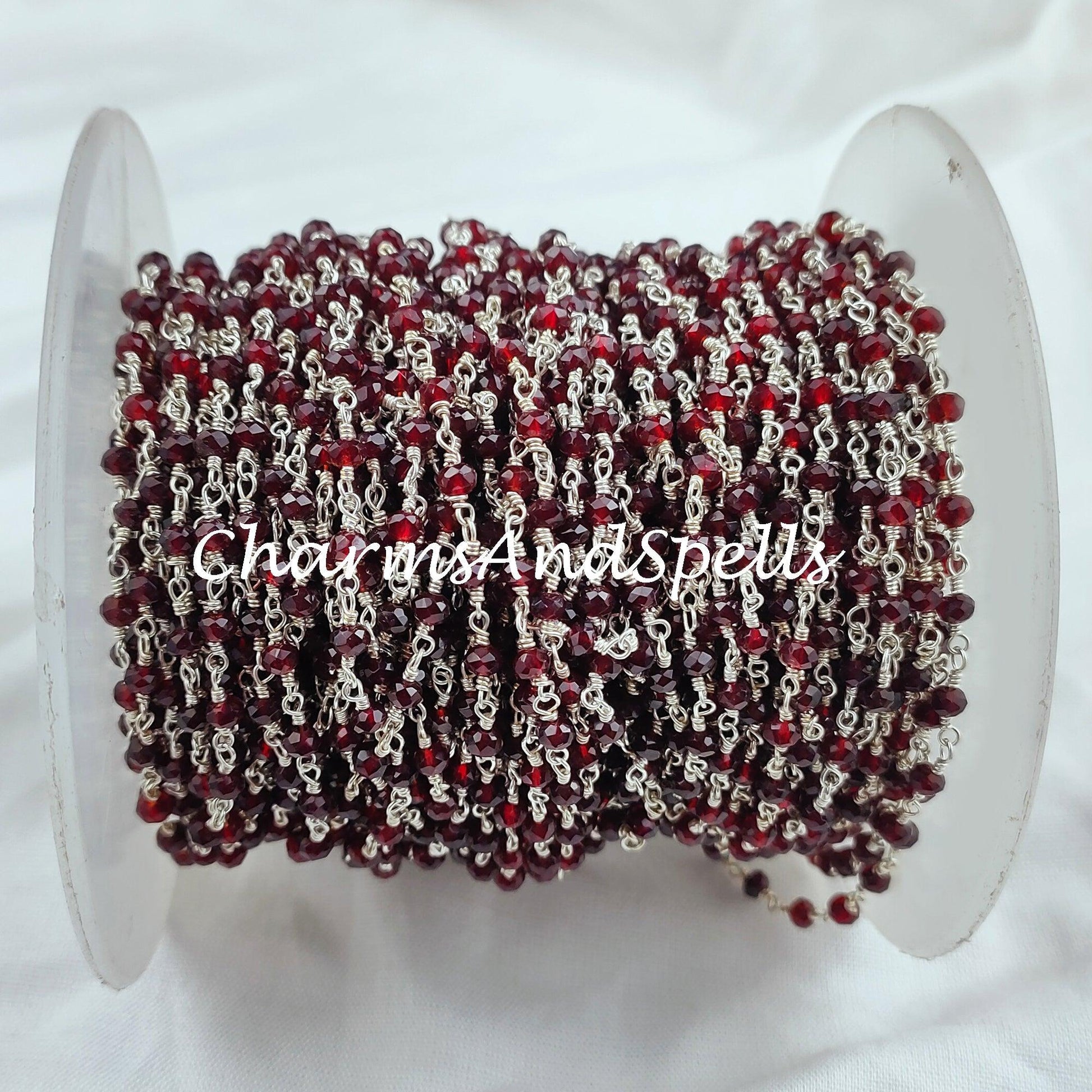 1 Feet Chain, Red Garnet Rosary Chain, Rondelle Beads Chain, 925 Silver Plated Chain, DIY Jewelry Making Supply, 3.5mm Bead Size,Red Garnet Bracelet Chain - Charms And Spells