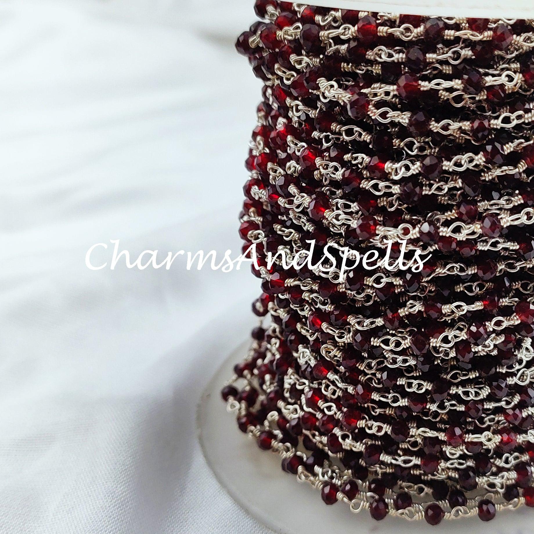 1 Feet Chain, Red Garnet Rosary Chain, Rondelle Beads Chain, 925 Silver Plated Chain, DIY Jewelry Making Supply, 3.5mm Bead Size,Red Garnet Bracelet Chain - Charms And Spells