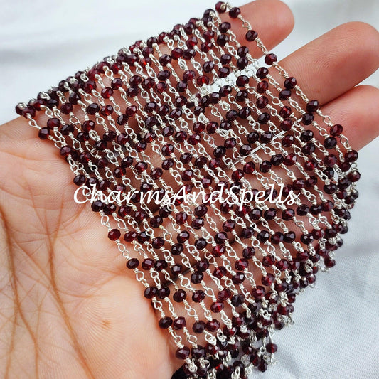 1 Feet Chain, Red Garnet Rosary Chain, Rondelle Beads Chain, 925 Silver Plated Chain, DIY Jewelry Making Supply, 3.5mm Bead Size,Red Garnet Bracelet Chain - Charms And Spells