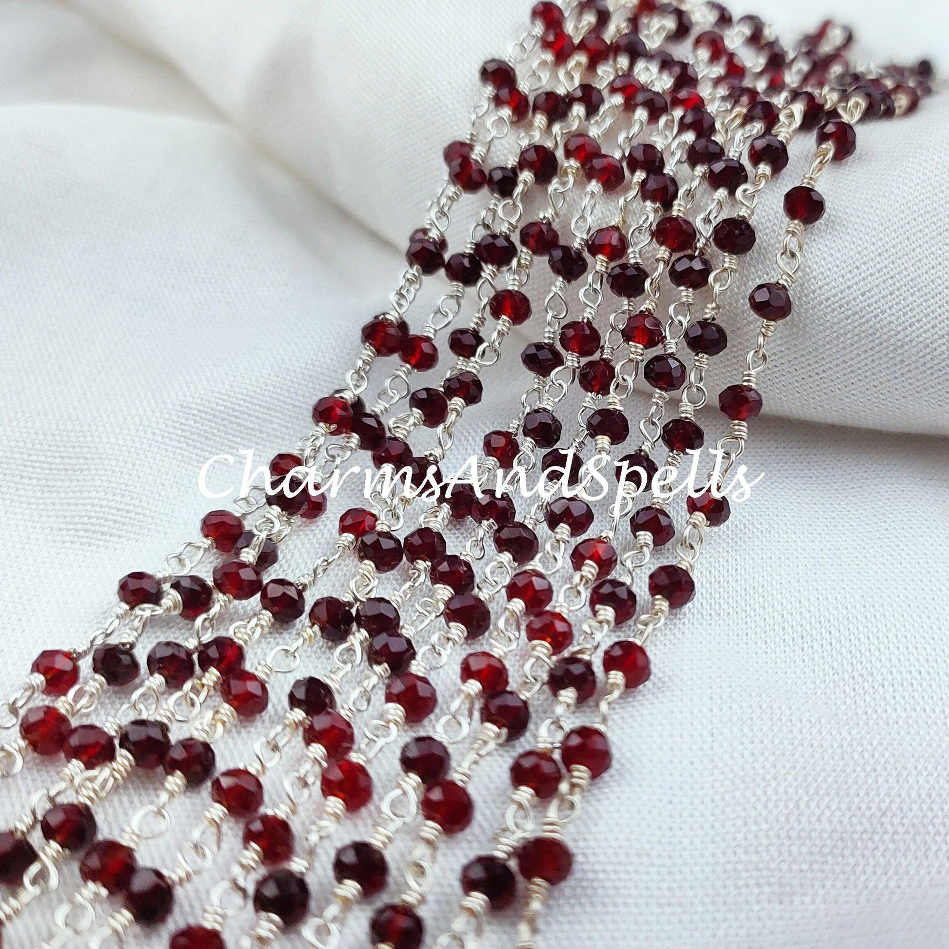 1 Feet Chain, Red Garnet Rosary Chain, Rondelle Beads Chain, 925 Silver Plated Chain, DIY Jewelry Making Supply, 3.5mm Bead Size,Red Garnet Bracelet Chain - Charms And Spells