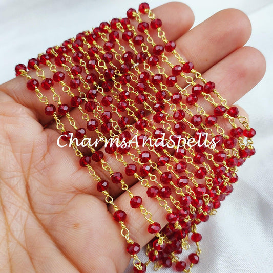 1 Feet Chain, Faceted Garnet Rosary Chain, Rondelle Beads Chain, Gold Plated Chain, DIY Jewelry Making Supply, 4-4.5mm Bead Size Chain - Charms And Spells