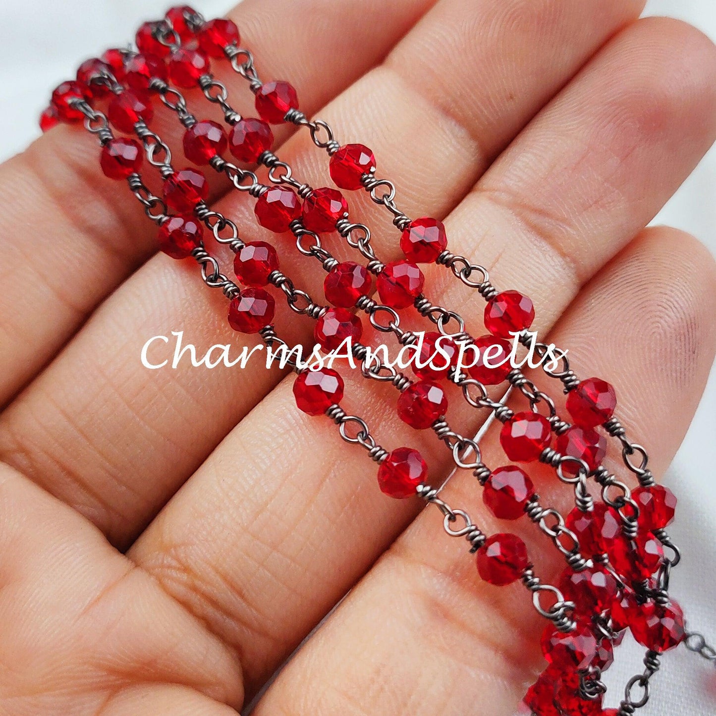 1 Feet Chain, Garnet Hydro Rondelle Rosary Chain, Rondelle Gemstone Beads, Red Garnet Bead Chain, Black Plated Chain, DIY Necklace Chain - Charms And Spells