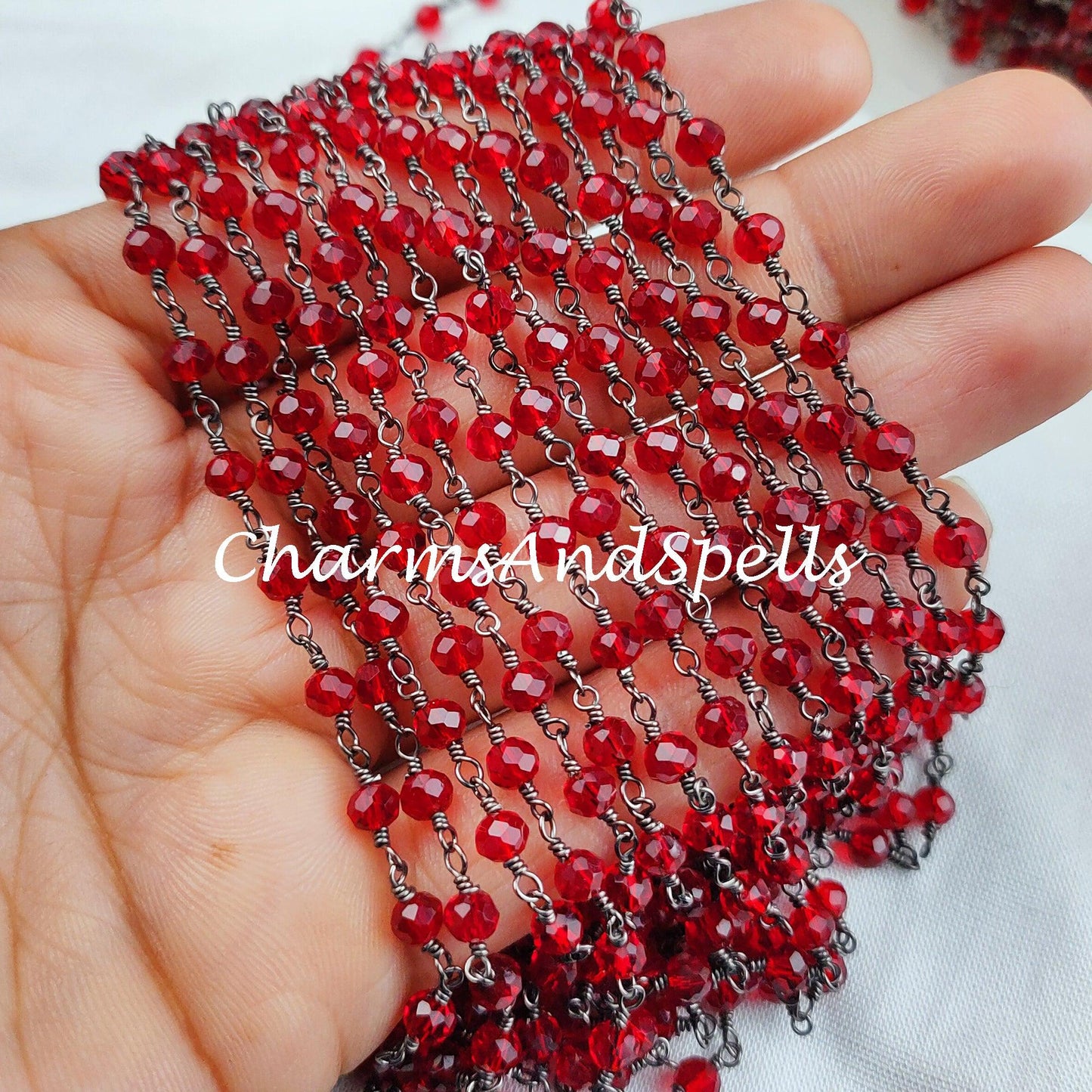 1 Feet Chain, Garnet Hydro Rondelle Rosary Chain, Rondelle Gemstone Beads, Red Garnet Bead Chain, Black Plated Chain, DIY Necklace Chain - Charms And Spells