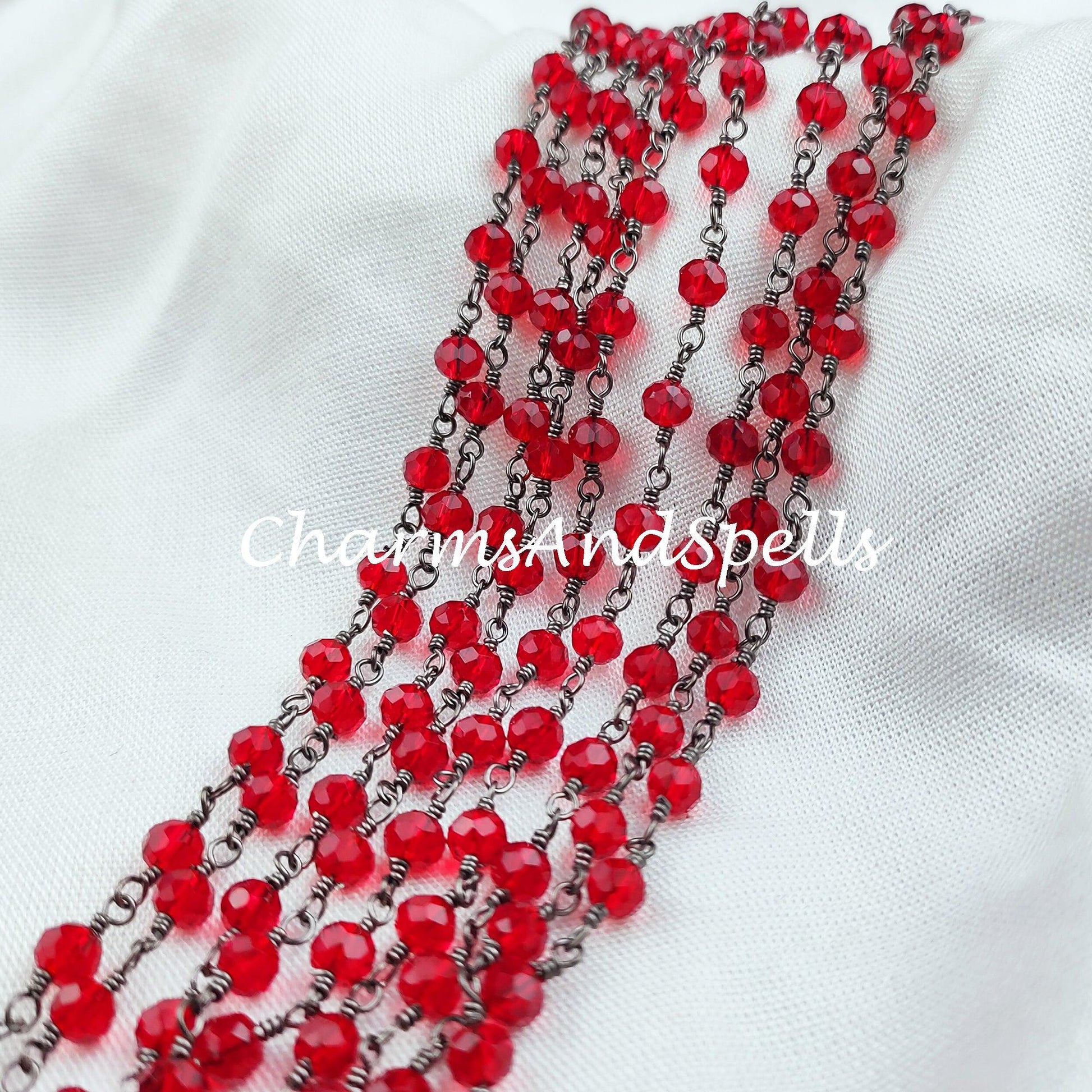 1 Feet Chain, Garnet Hydro Rondelle Rosary Chain, Rondelle Gemstone Beads, Red Garnet Bead Chain, Black Plated Chain, DIY Necklace Chain - Charms And Spells