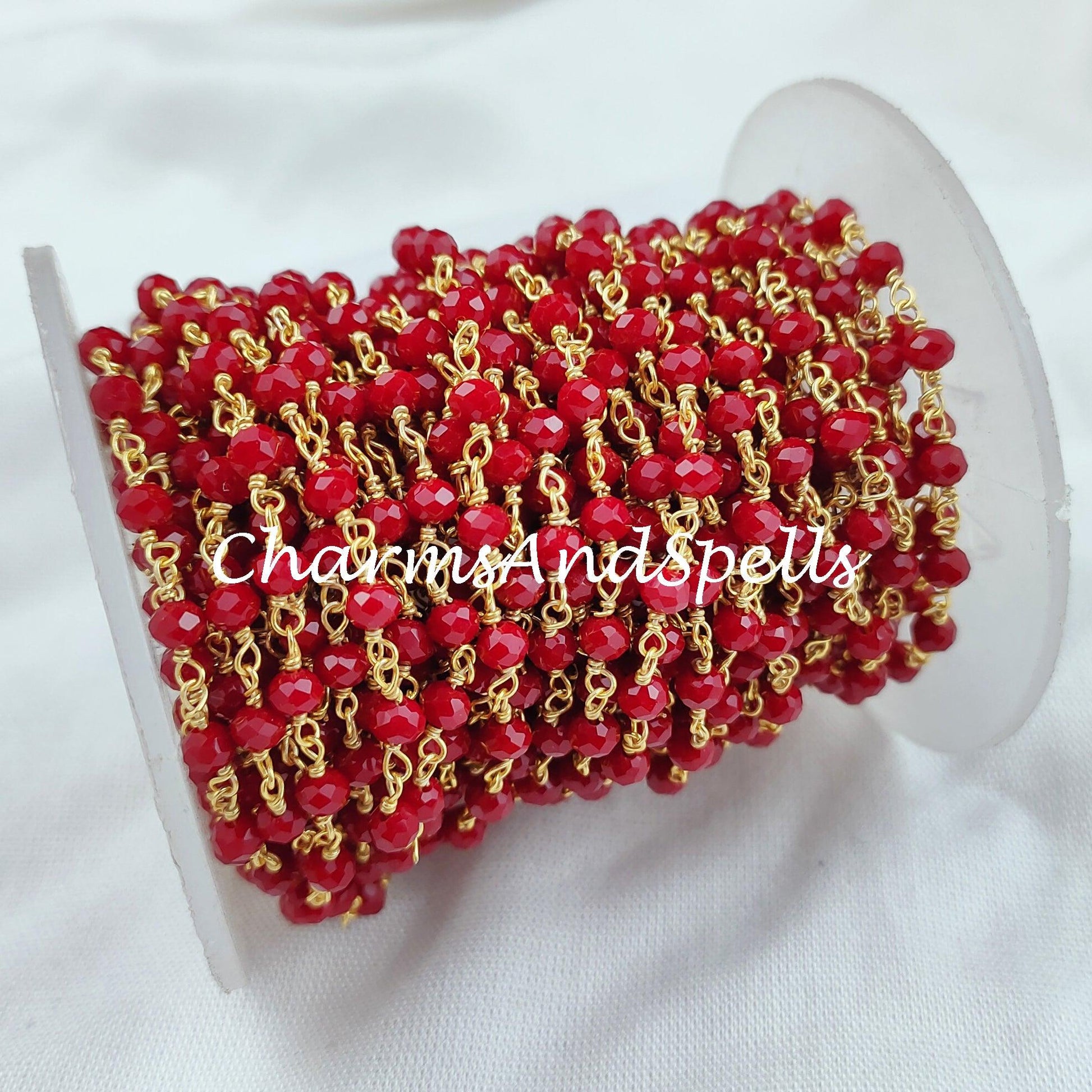 1 Feet Chain, Faceted Red Coral Rosary Chain, Rondelle Beads Chain, Gold Plated Chain, DIY Jewelry Making Supply, 3-3.5mm Bead Size - Charms And Spells