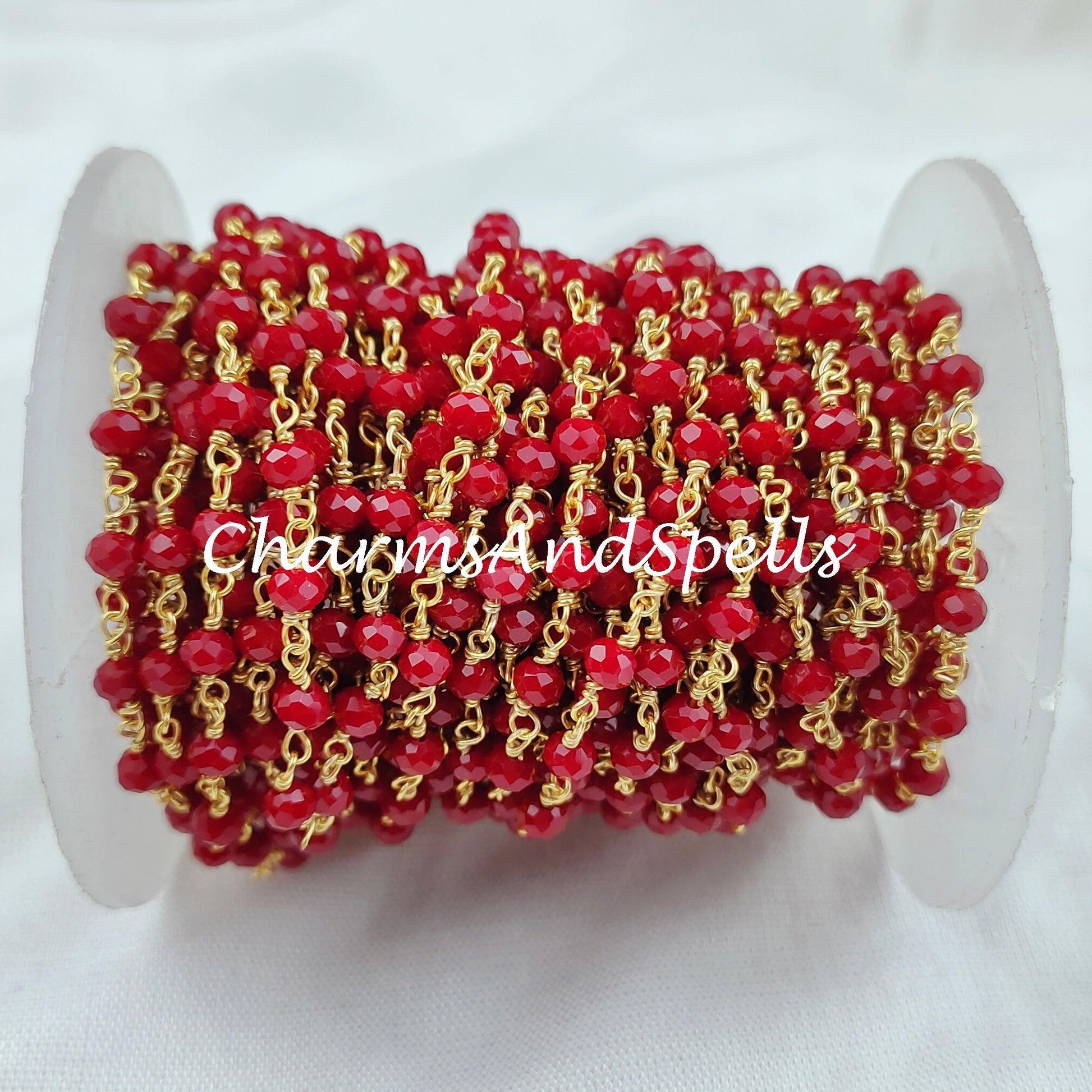 1 Feet Chain, Faceted Red Coral Rosary Chain, Rondelle Beads Chain, Gold Plated Chain, DIY Jewelry Making Supply, 3-3.5mm Bead Size - Charms And Spells