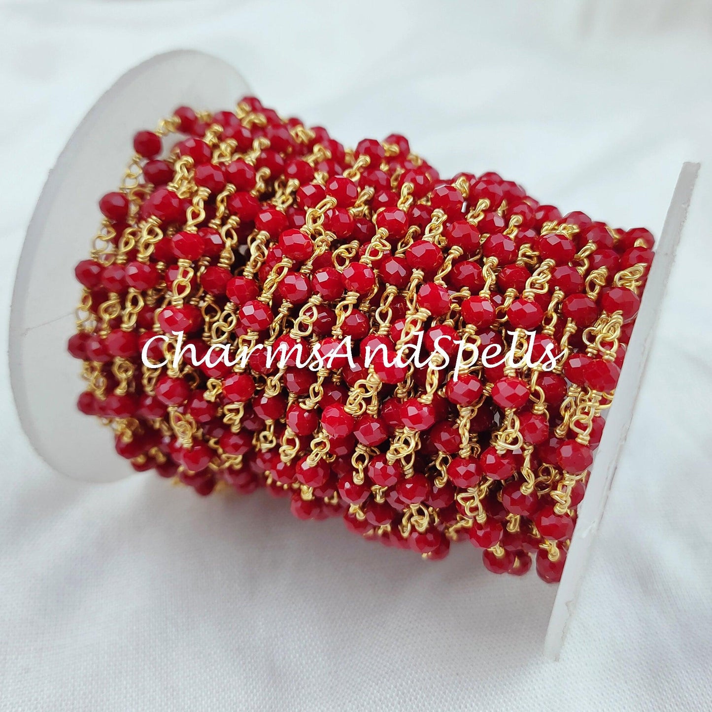 1 Feet Chain, Faceted Red Coral Rosary Chain, Rondelle Beads Chain, Gold Plated Chain, DIY Jewelry Making Supply, 3-3.5mm Bead Size - Charms And Spells